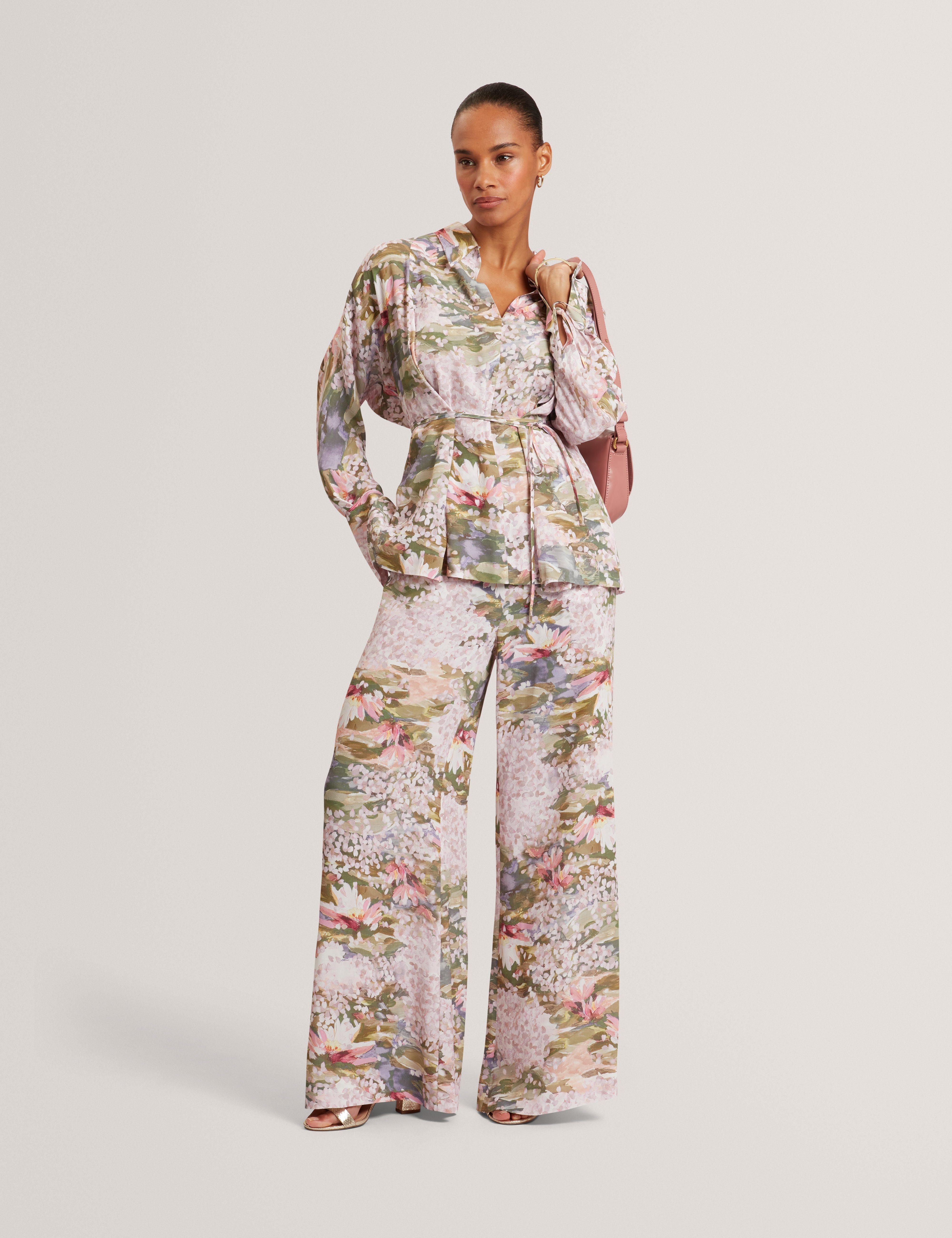 Wiinni Printed Tie Detail Long Sleeve Shirt Pink