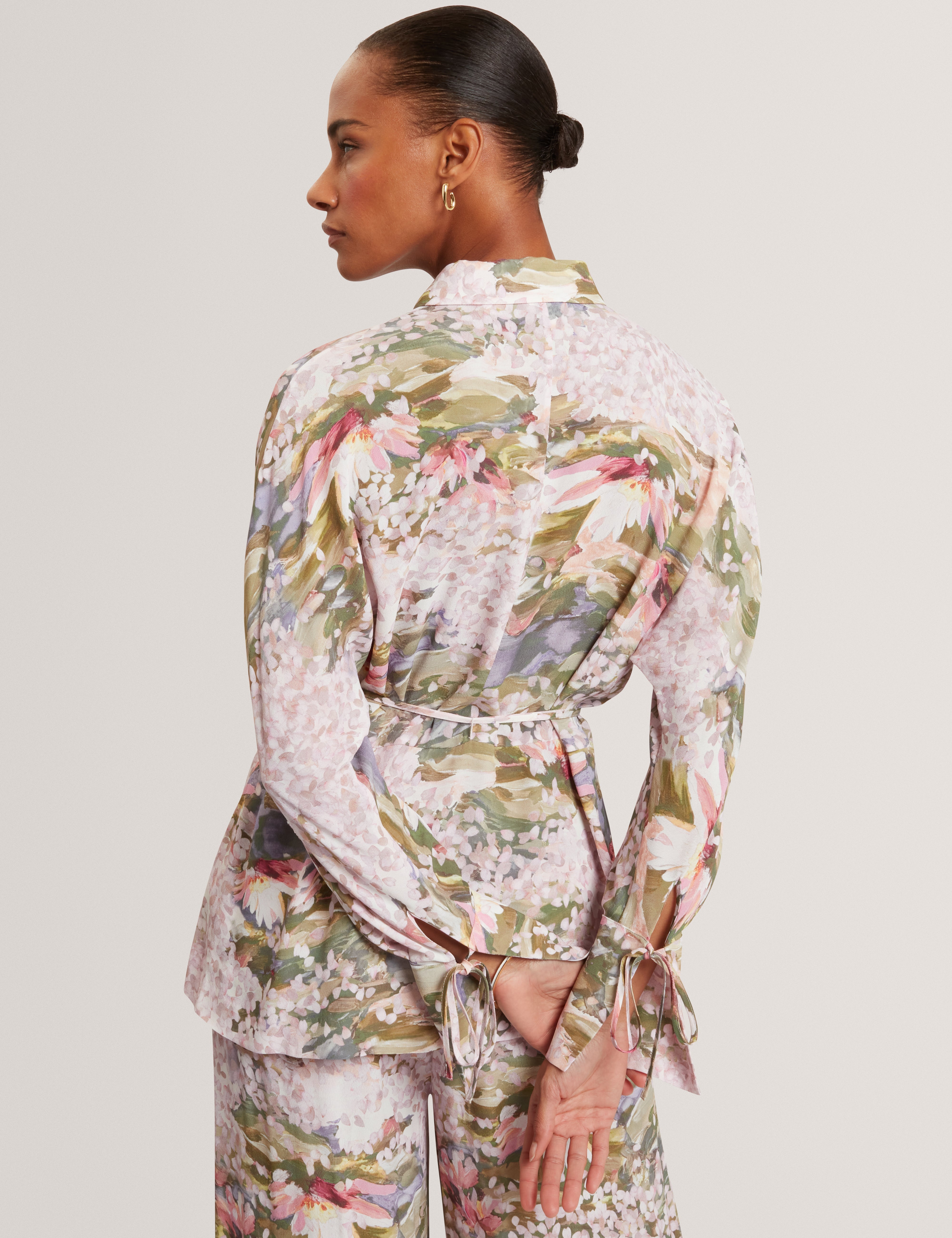 Wiinni Printed Tie Detail Long Sleeve Shirt Pink