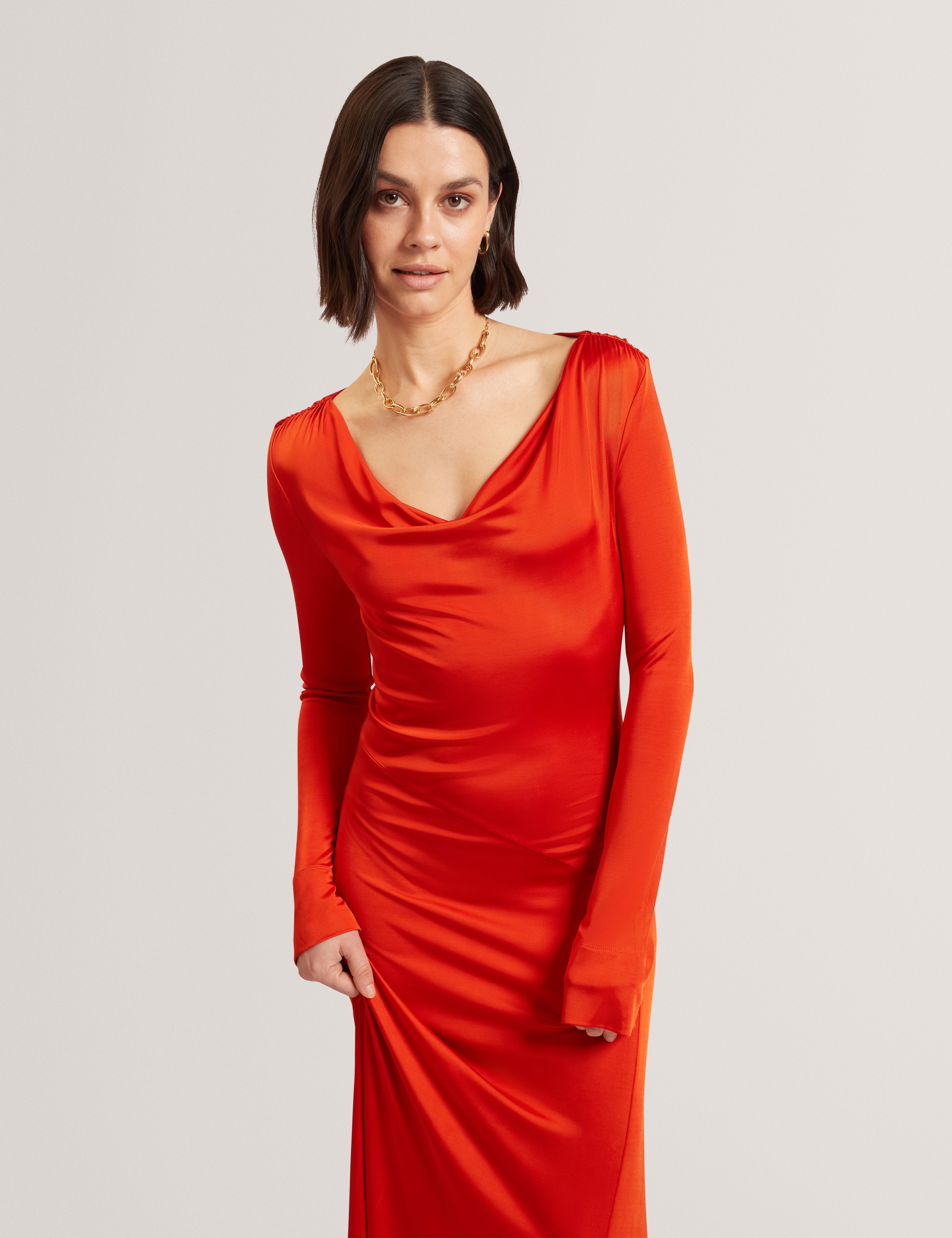 Aianna Cowl Neck Midi Dress Brt-Red