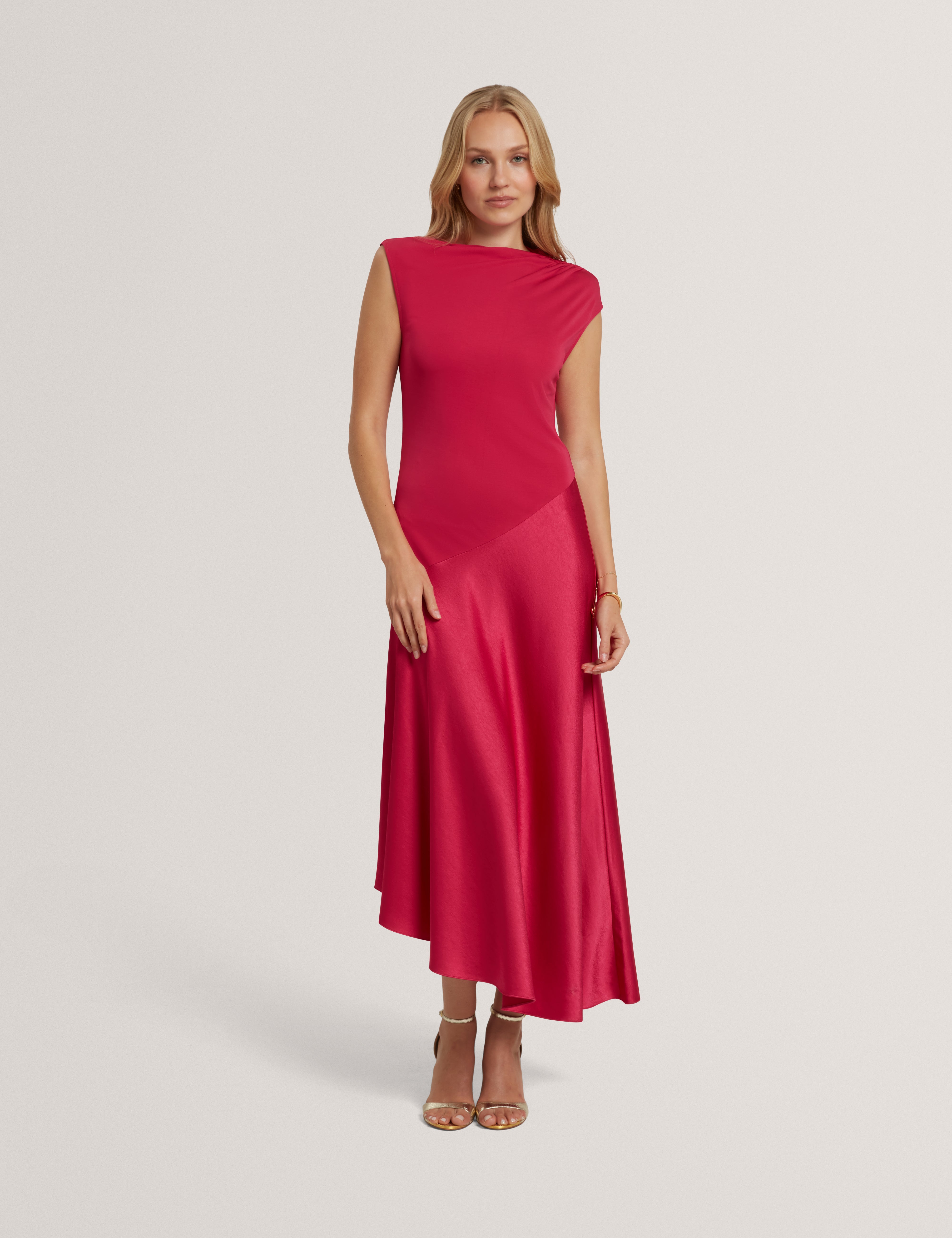 Jaspara Drape Neck Midi Dress With Satin Skirt Brt-Pink