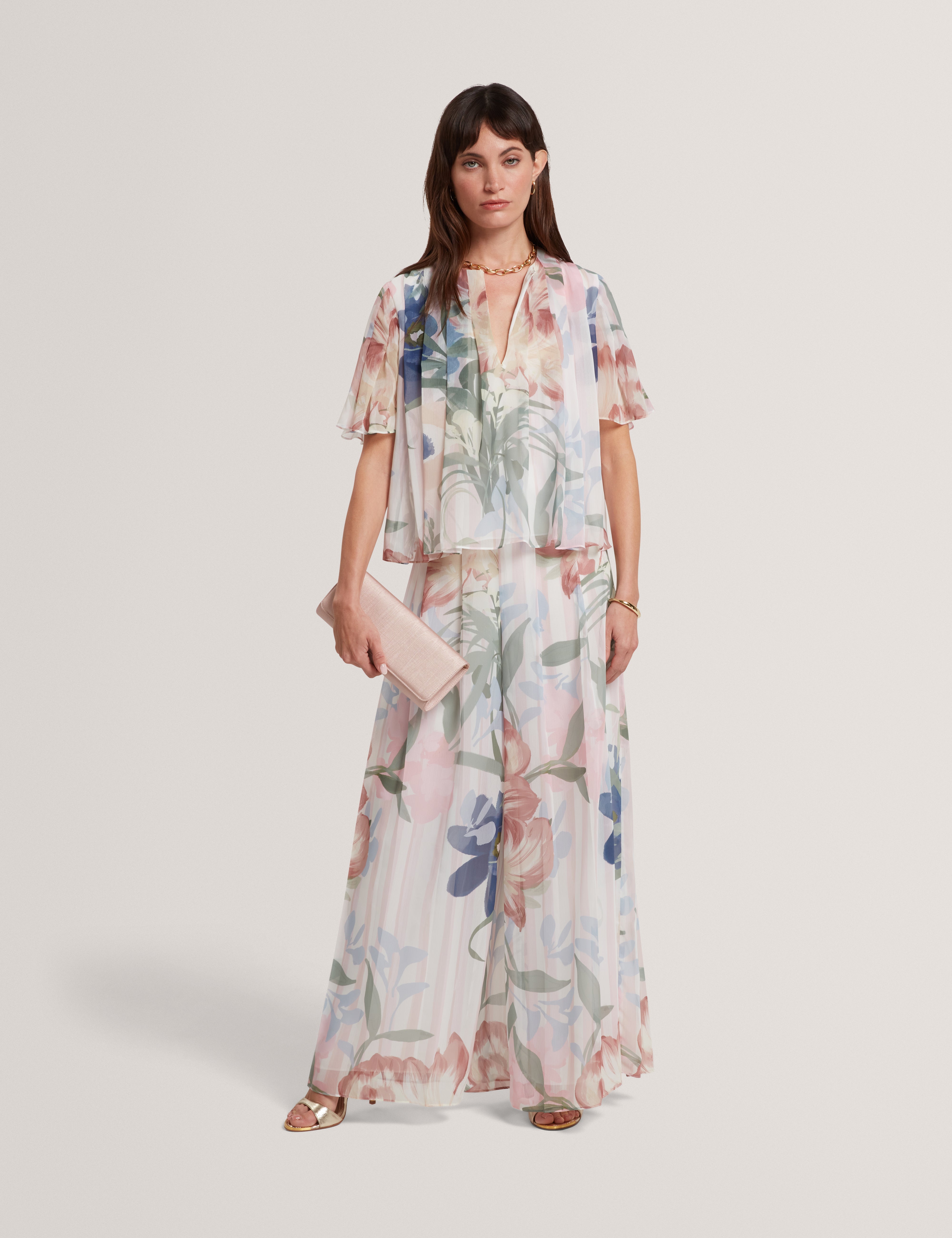 Nansii Pleated Angel Sleeve Printed Top Pink