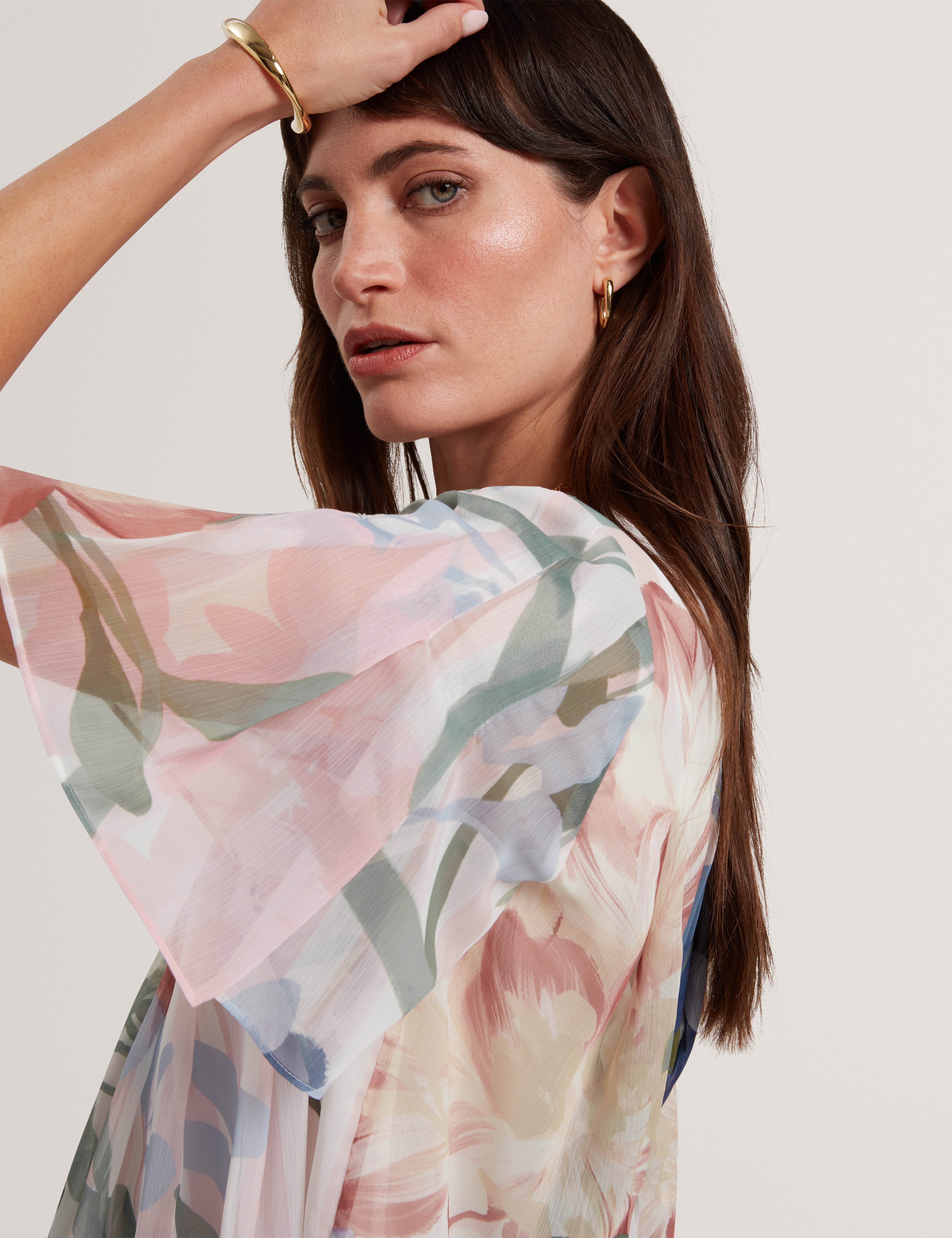 Nansii Pleated Angel Sleeve Printed Top Pink