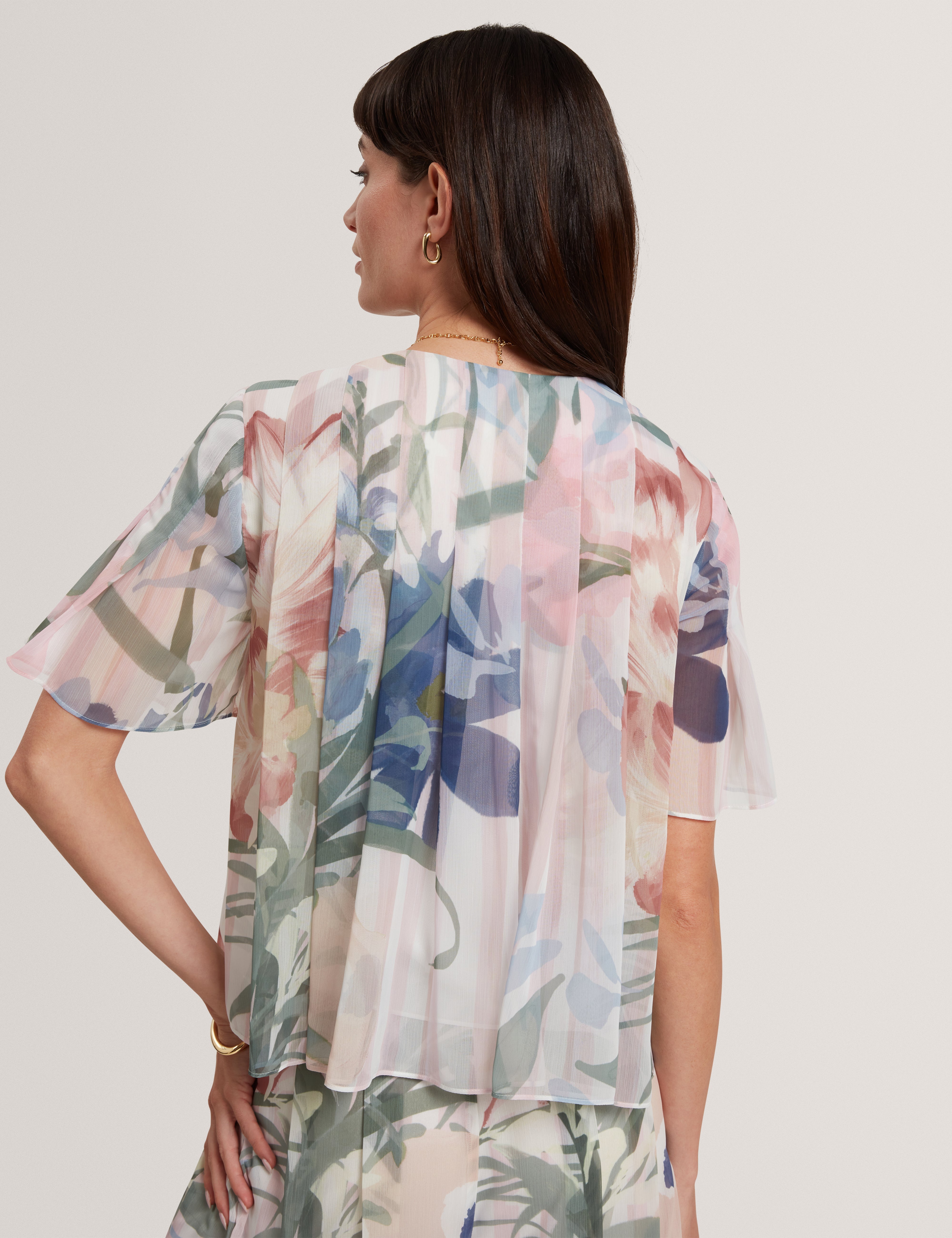 Nansii Pleated Angel Sleeve Printed Top Pink