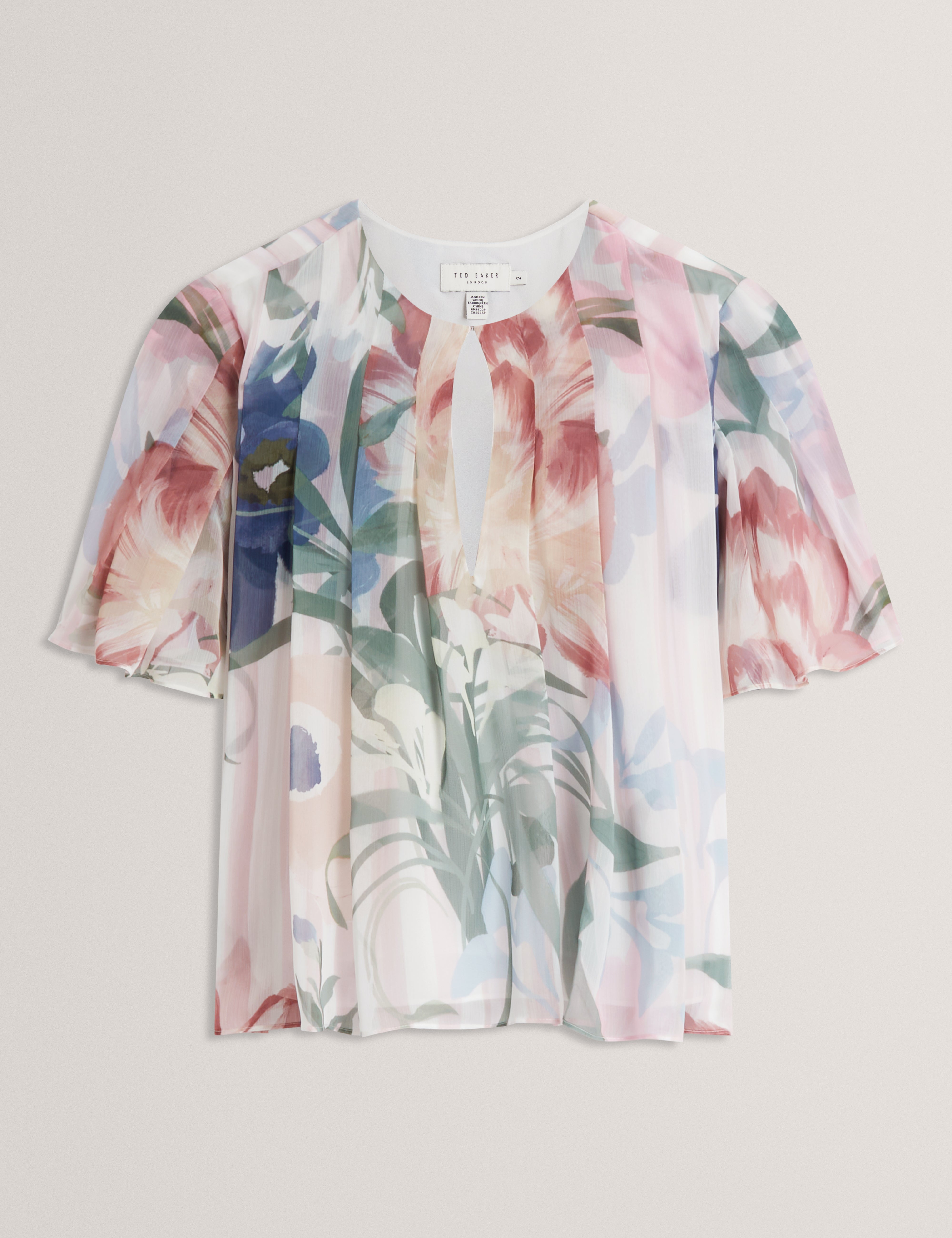 Nansii Pleated Angel Sleeve Printed Top Pink