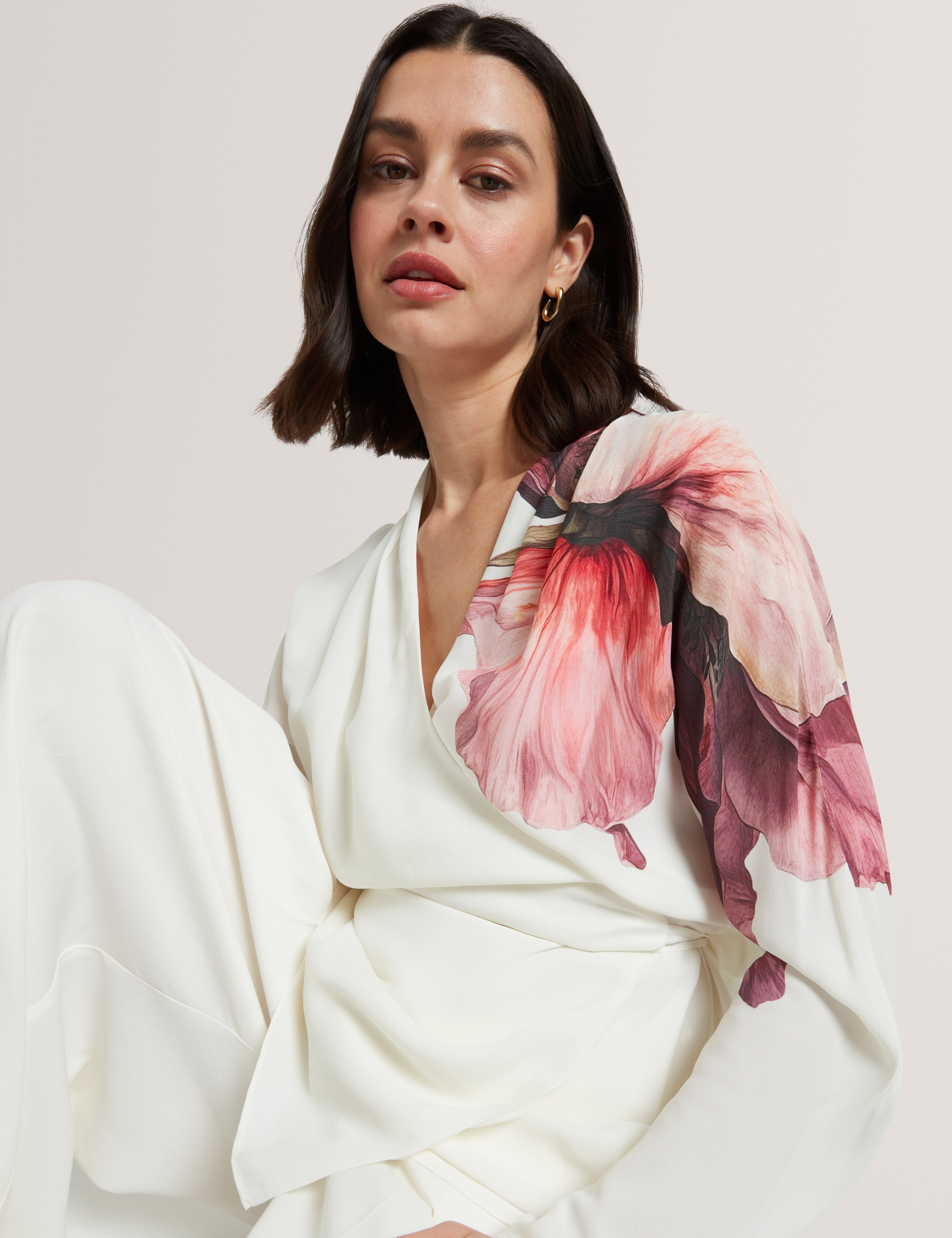 Joleene Printed Wrap Tie Detail Long Sleeve Blouse Ivory