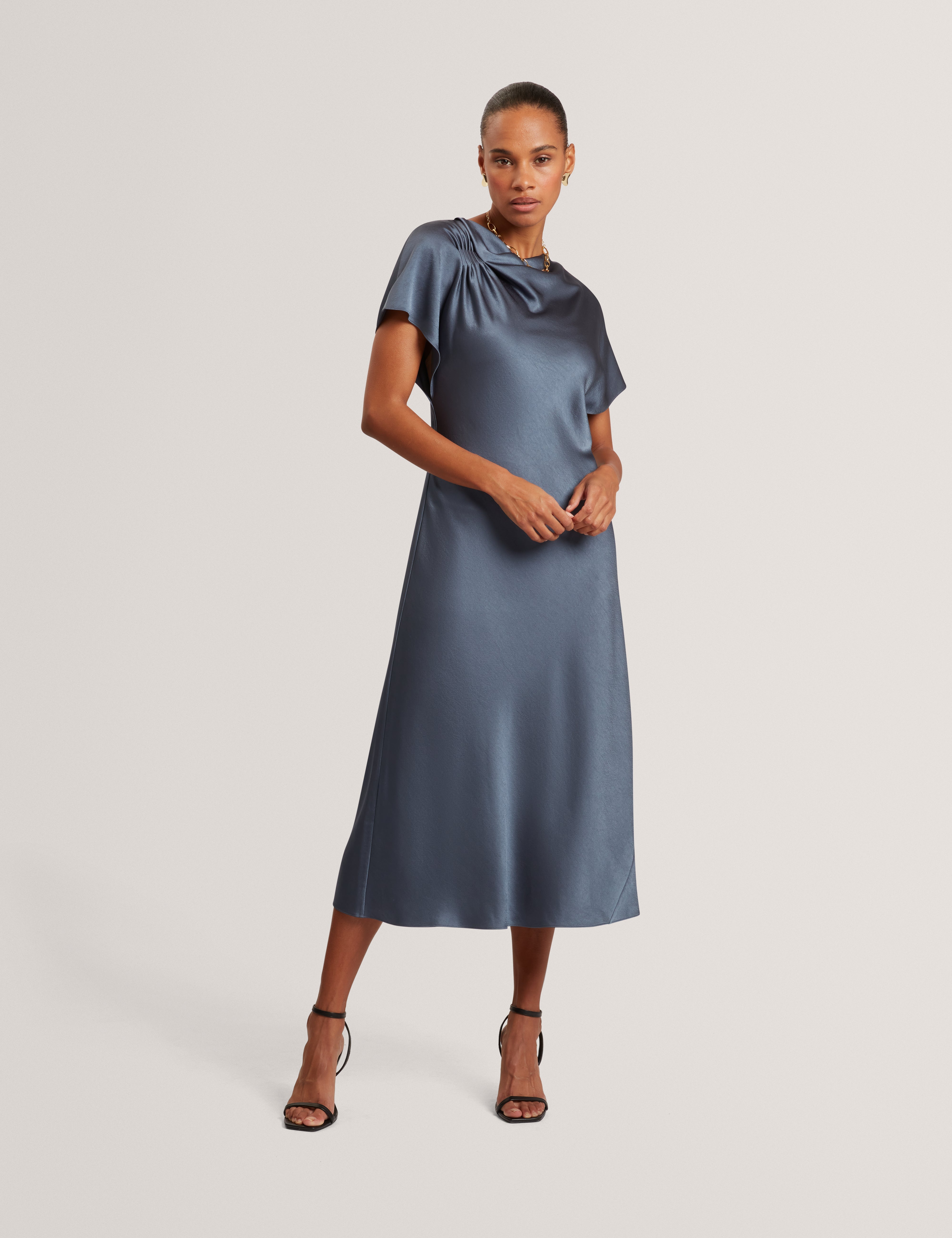 Dascha Draped Neck Bias Midi Dress Grey