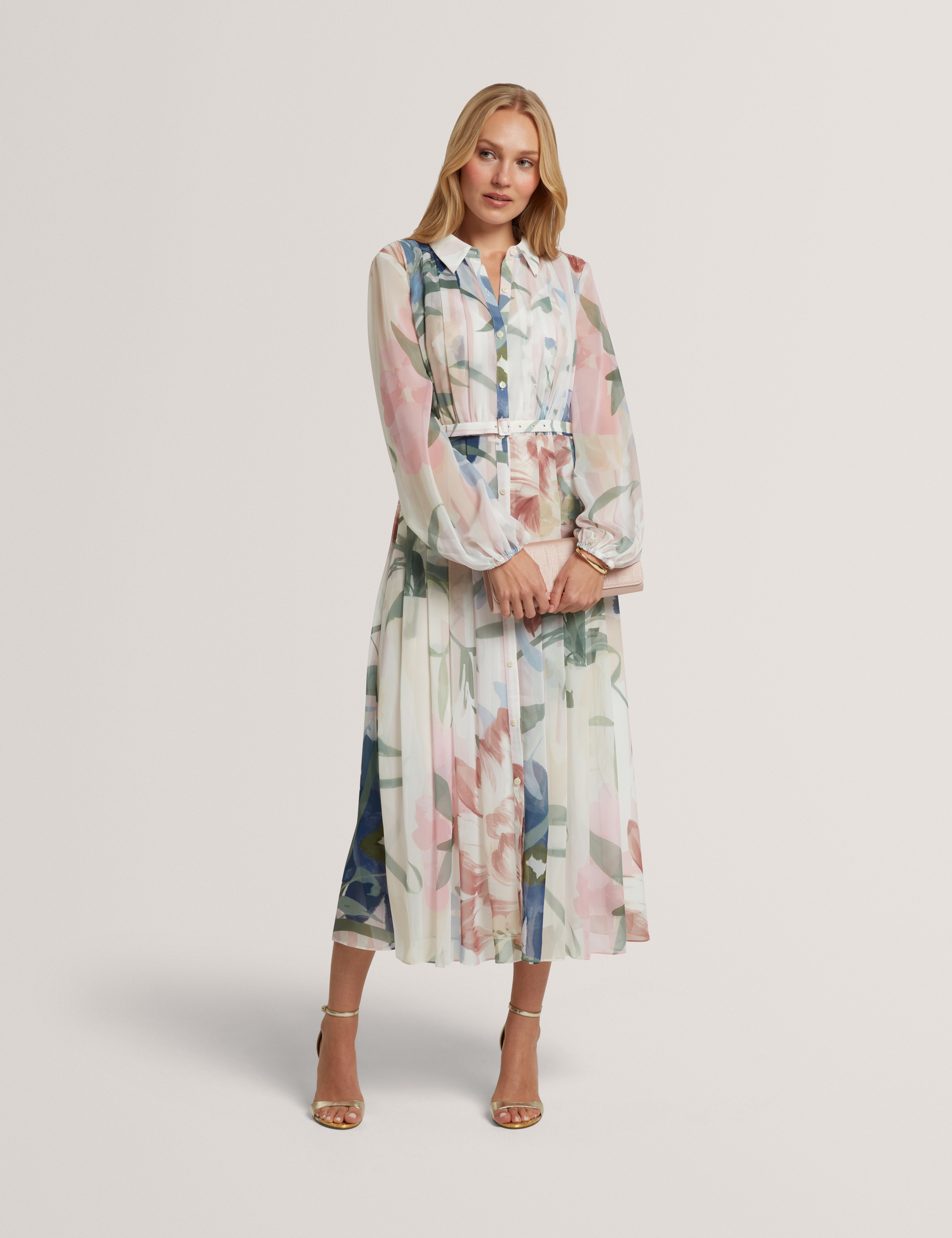 Arnia Pleated Midi Printed Shirt Dress Pink