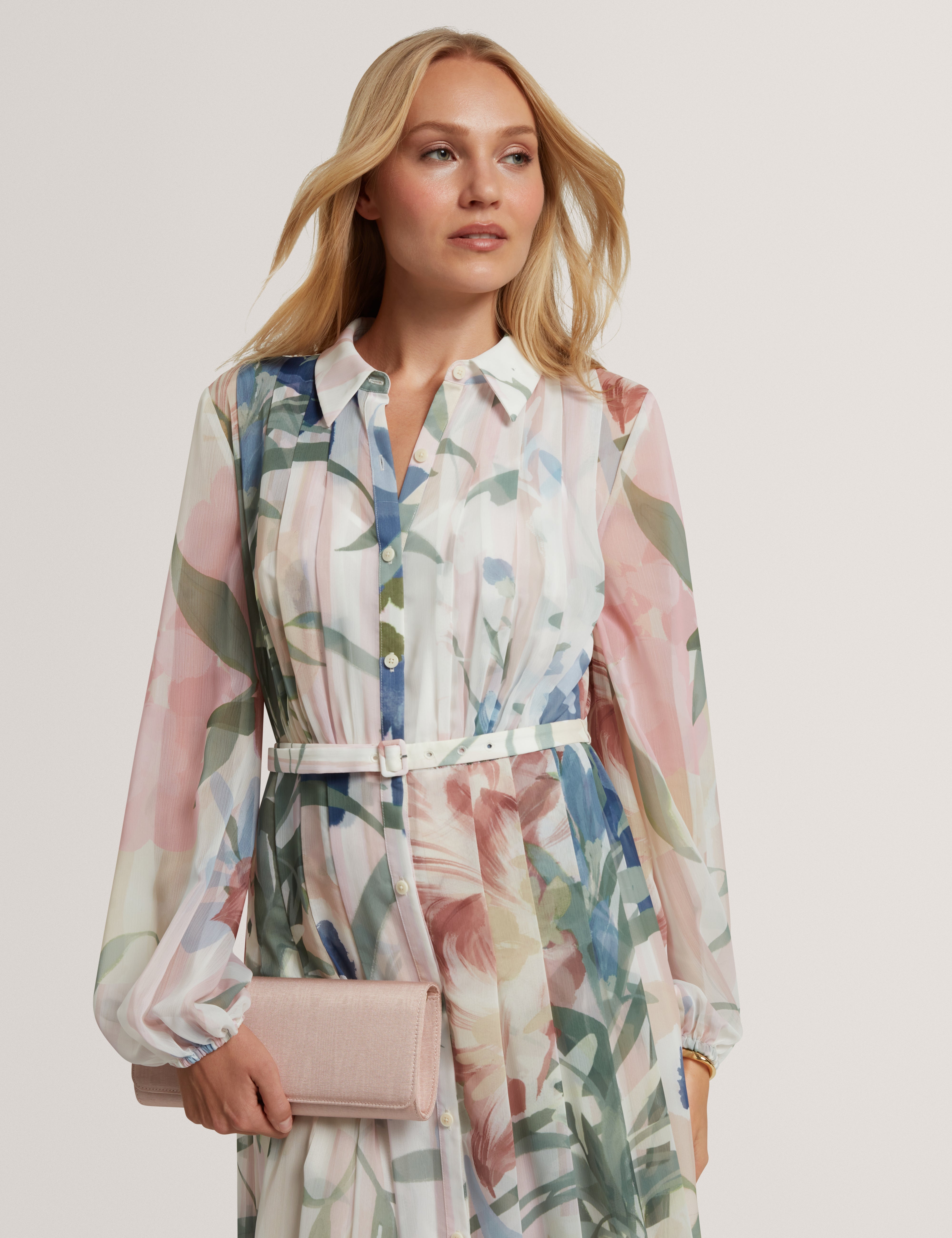 Arnia Pleated Midi Printed Shirt Dress Pink