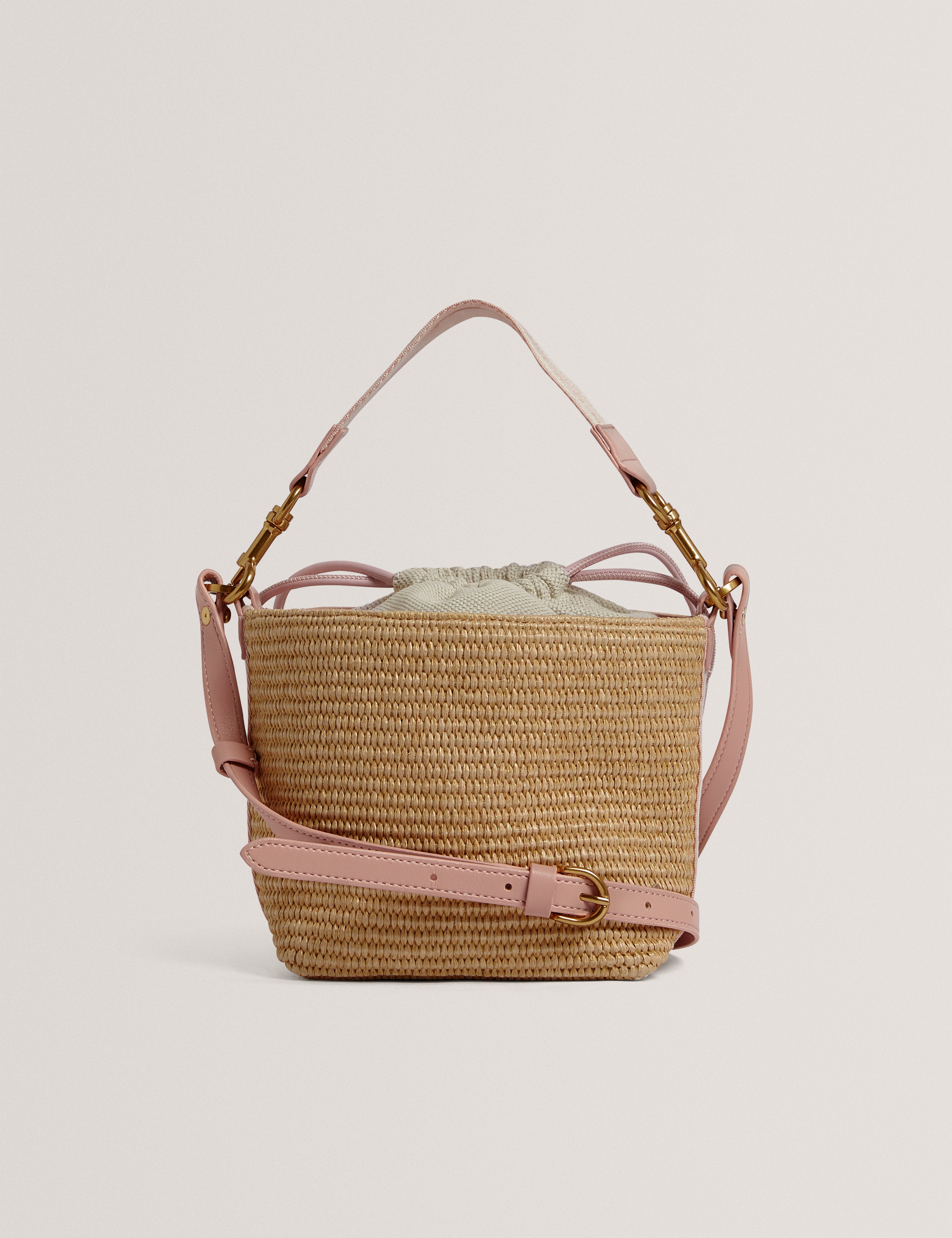 Raffyna Webbing Detail Raffia Small Bucket Bag Pink