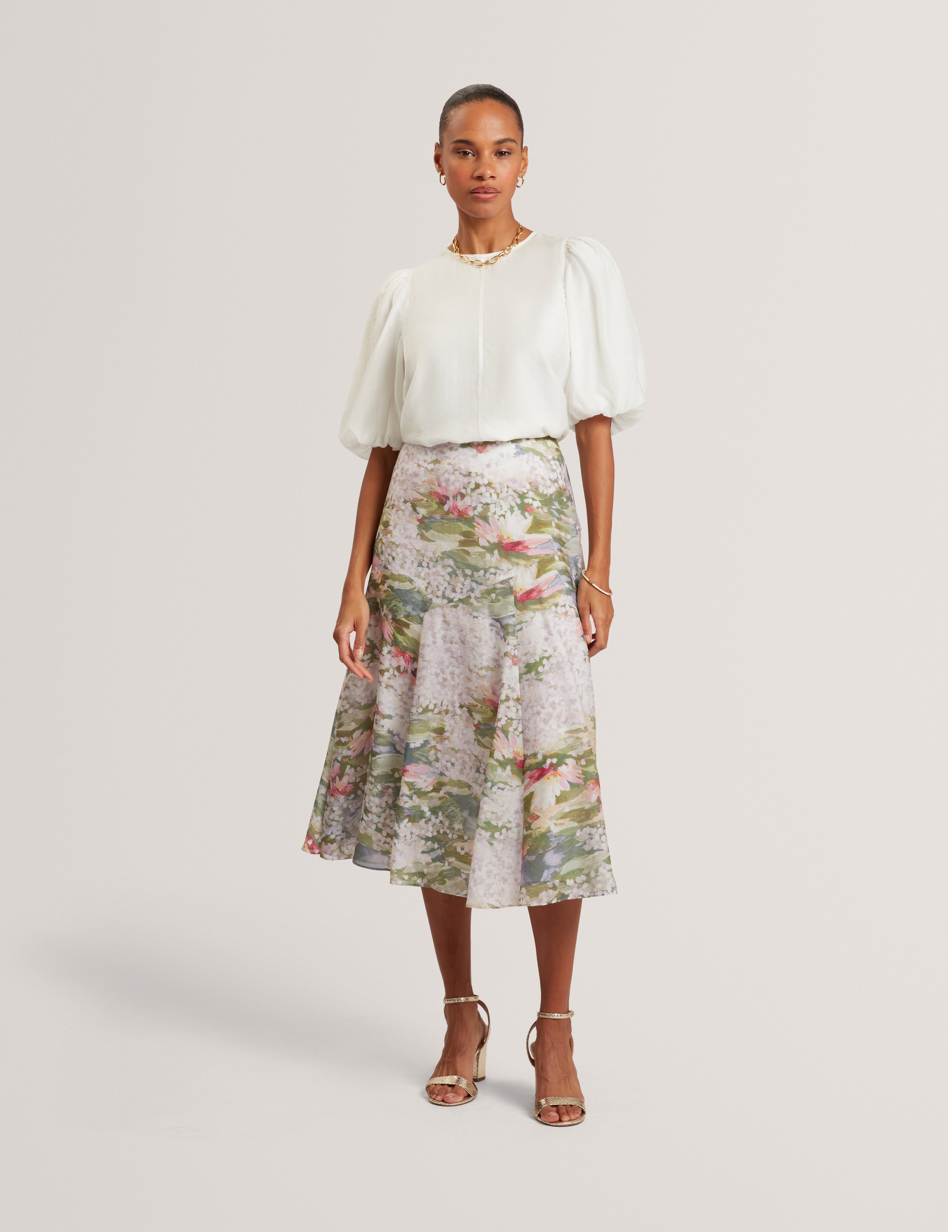 Layda Printed Midi Skirt With Diagonal Seam Detail Pink