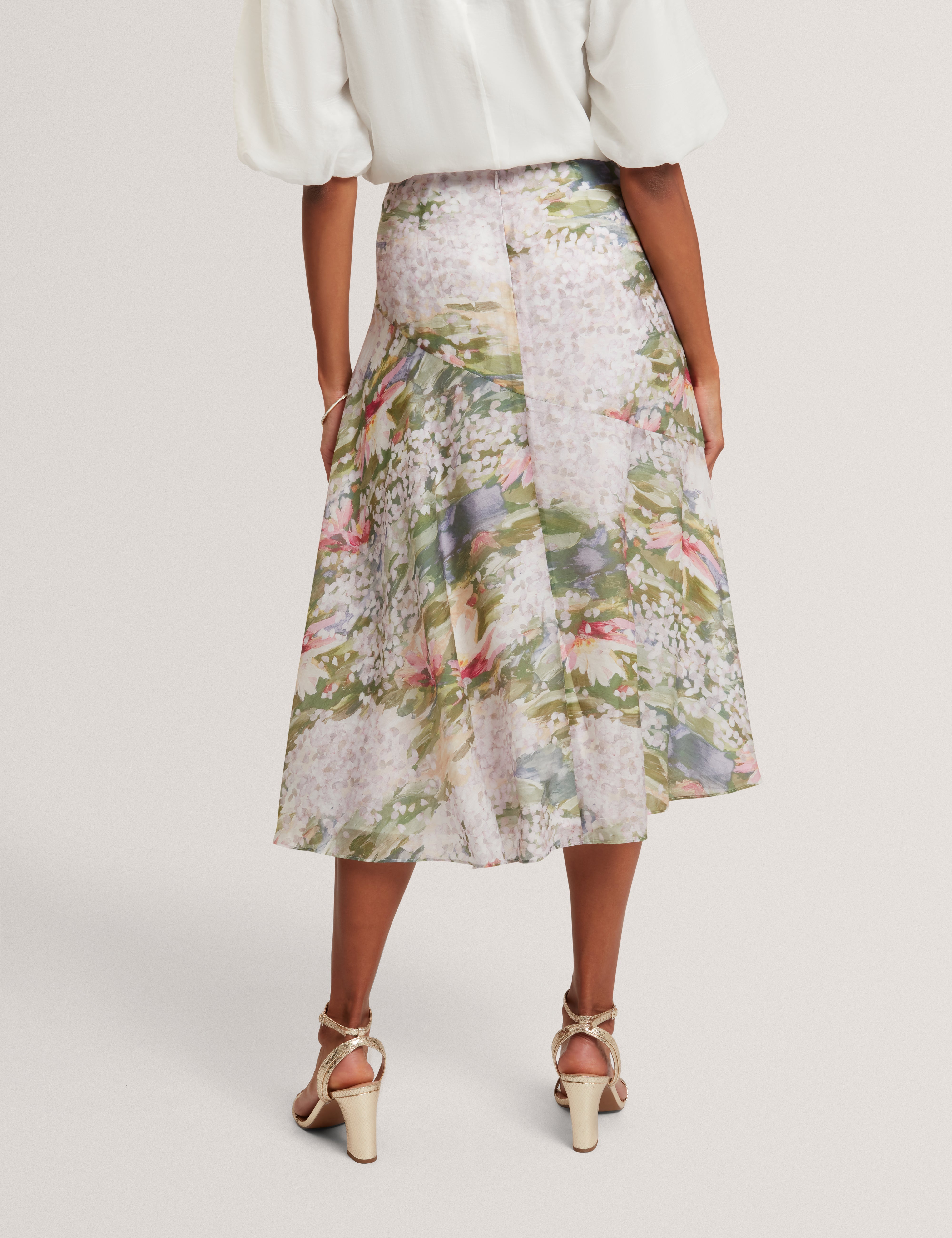 Layda Printed Midi Skirt With Diagonal Seam Detail Pink