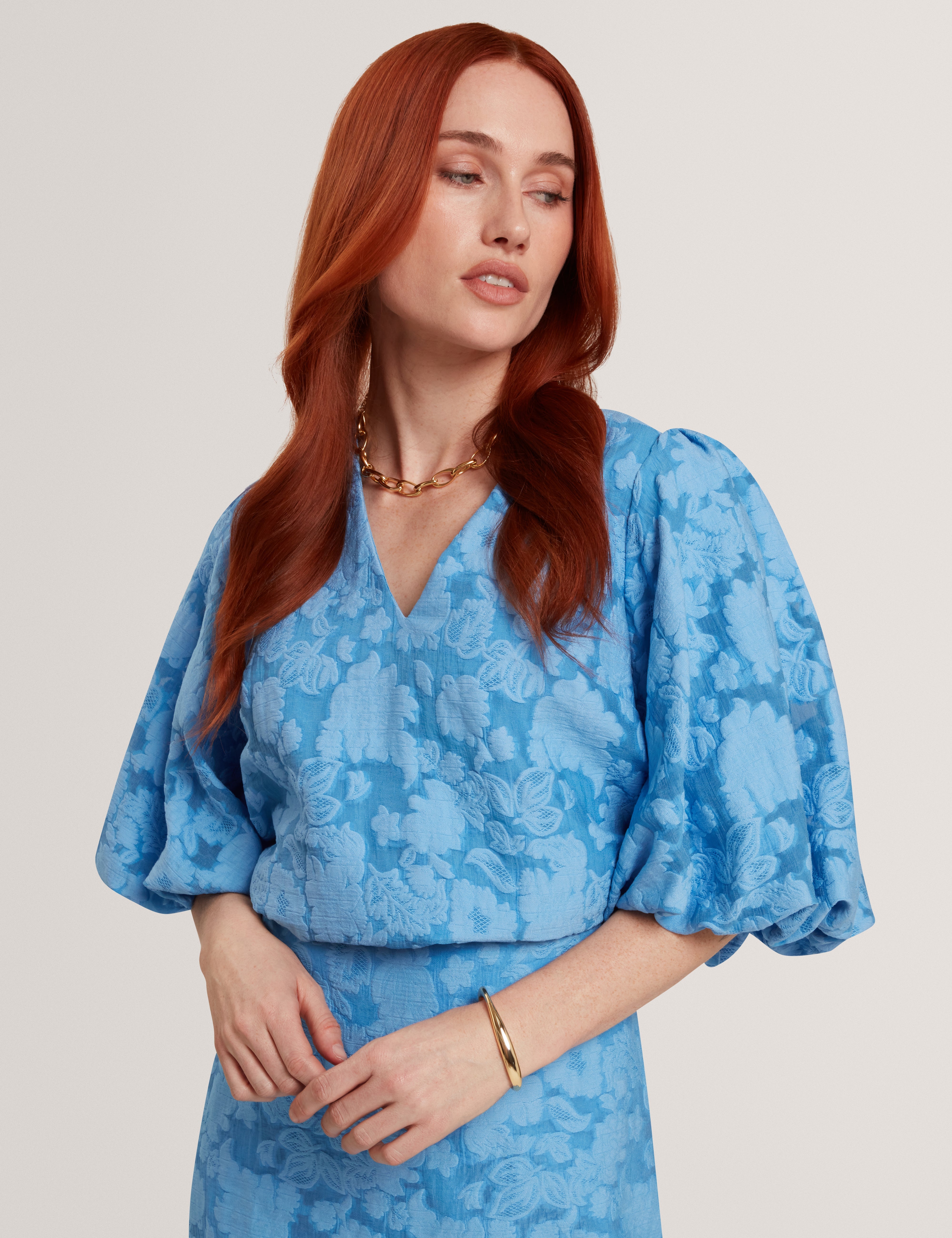 Limana V Neck Top With Puff Sleeves Mid-Blue
