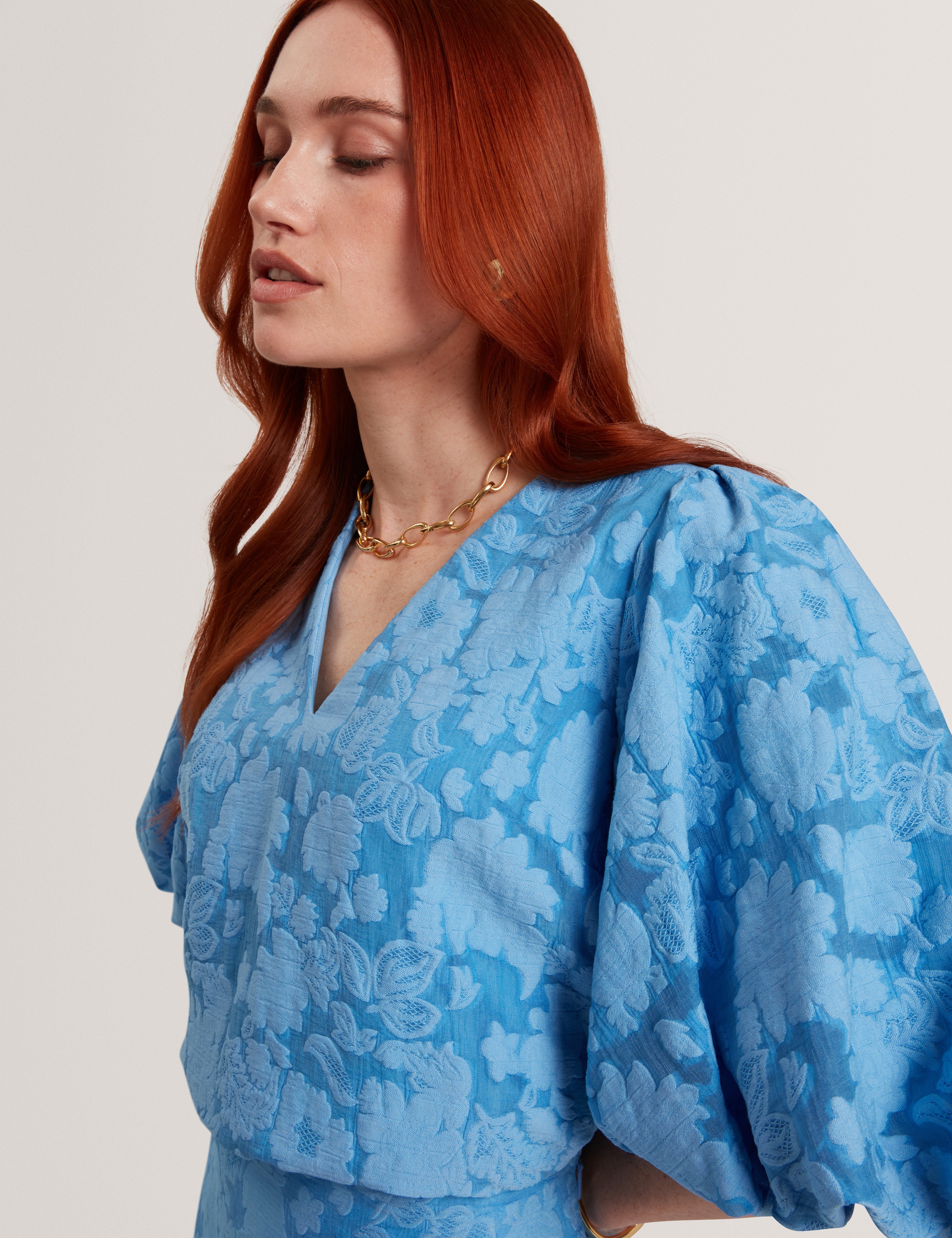 Limana V Neck Top With Puff Sleeves Mid-Blue
