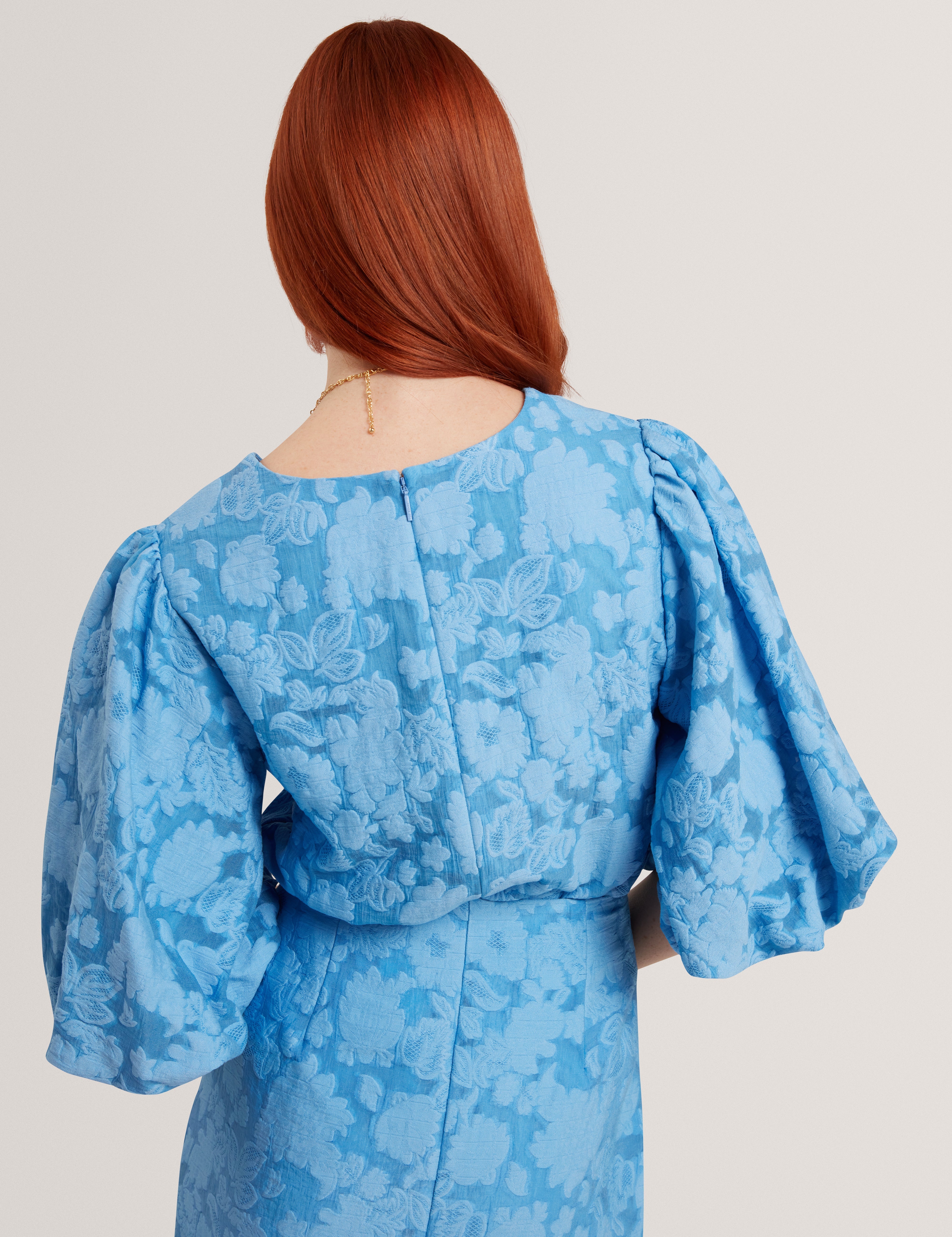 Limana V Neck Top With Puff Sleeves Mid-Blue
