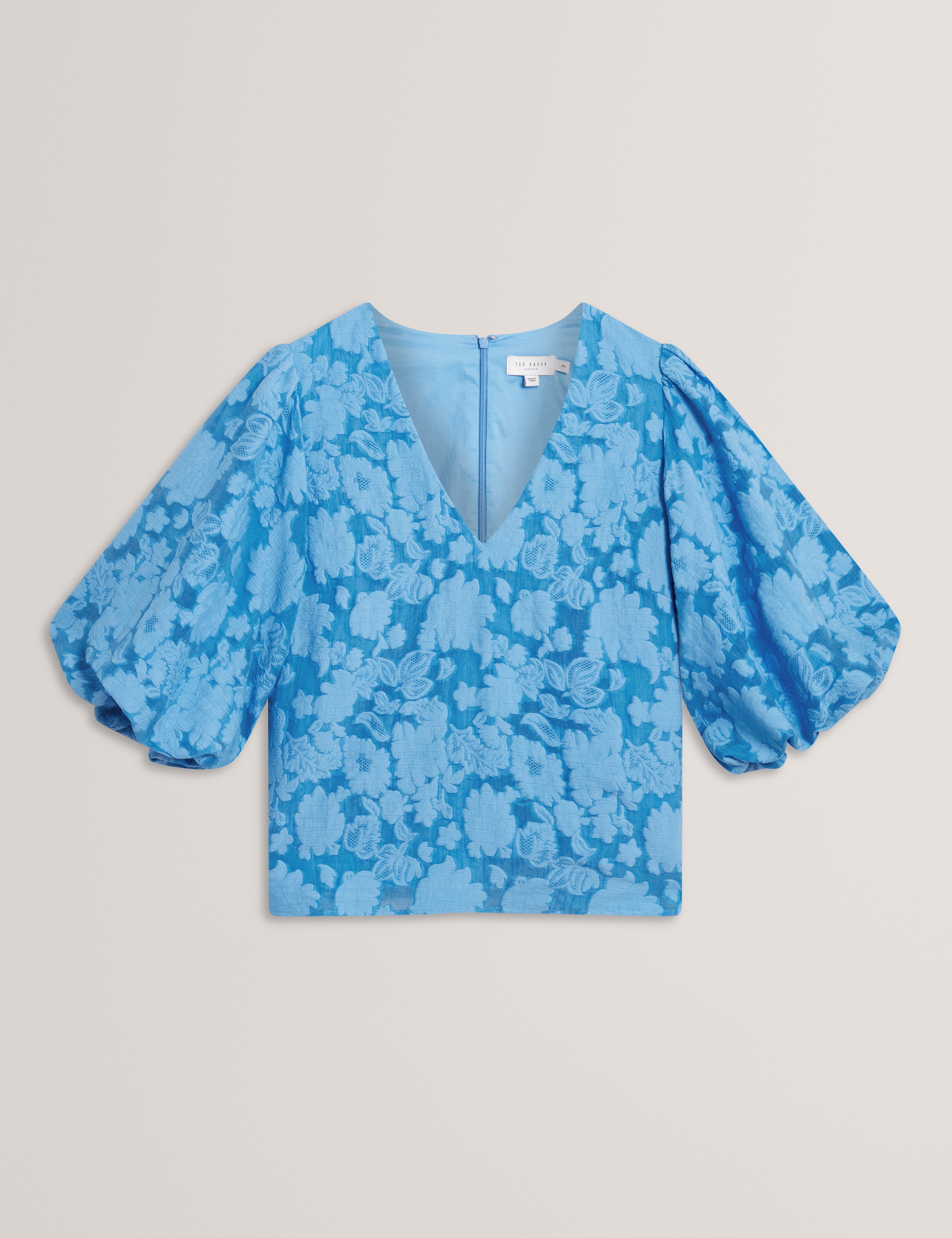 Limana V Neck Top With Puff Sleeves Mid-Blue