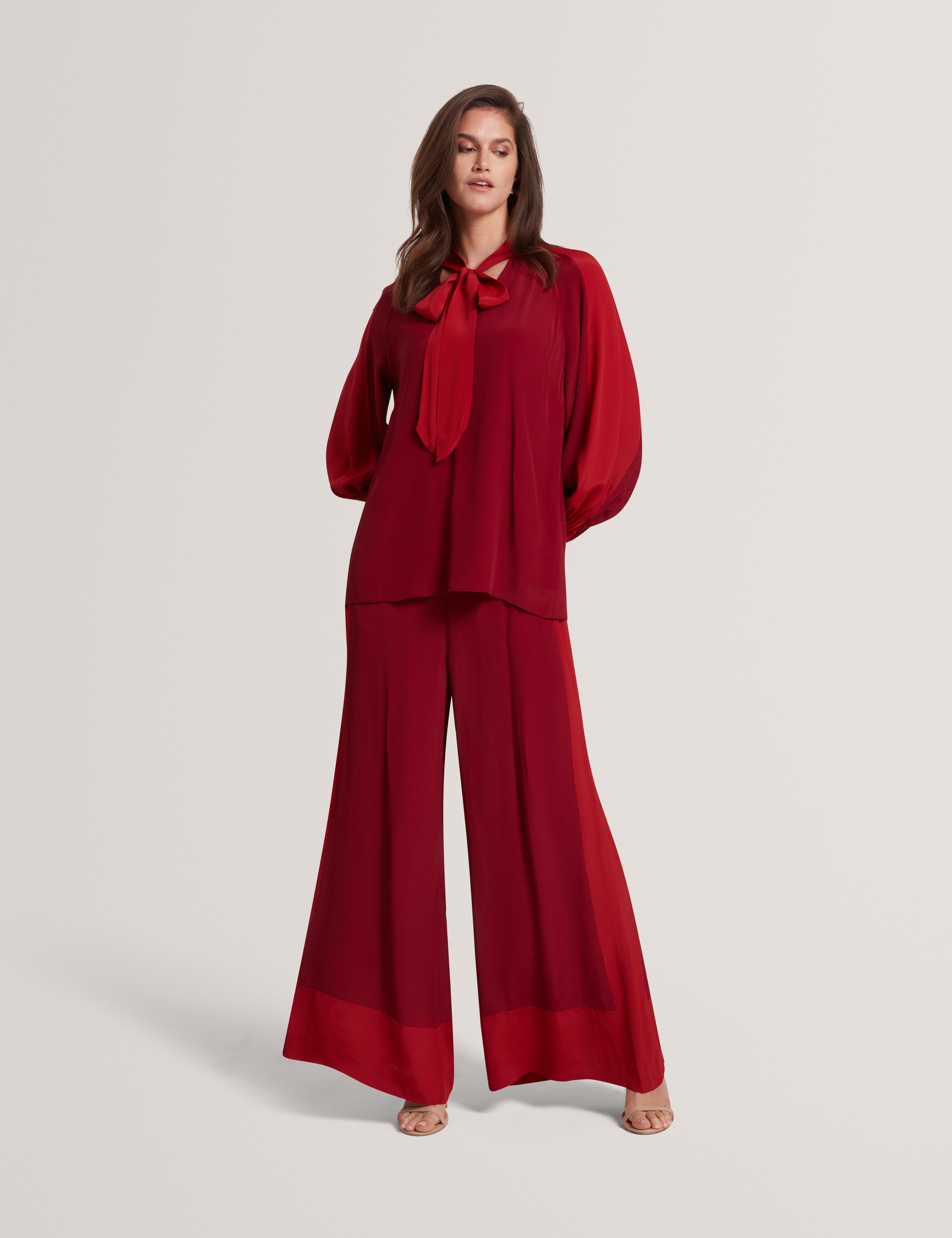 Nehli Tie Neck Long Sleeve Blouse Dk-Red