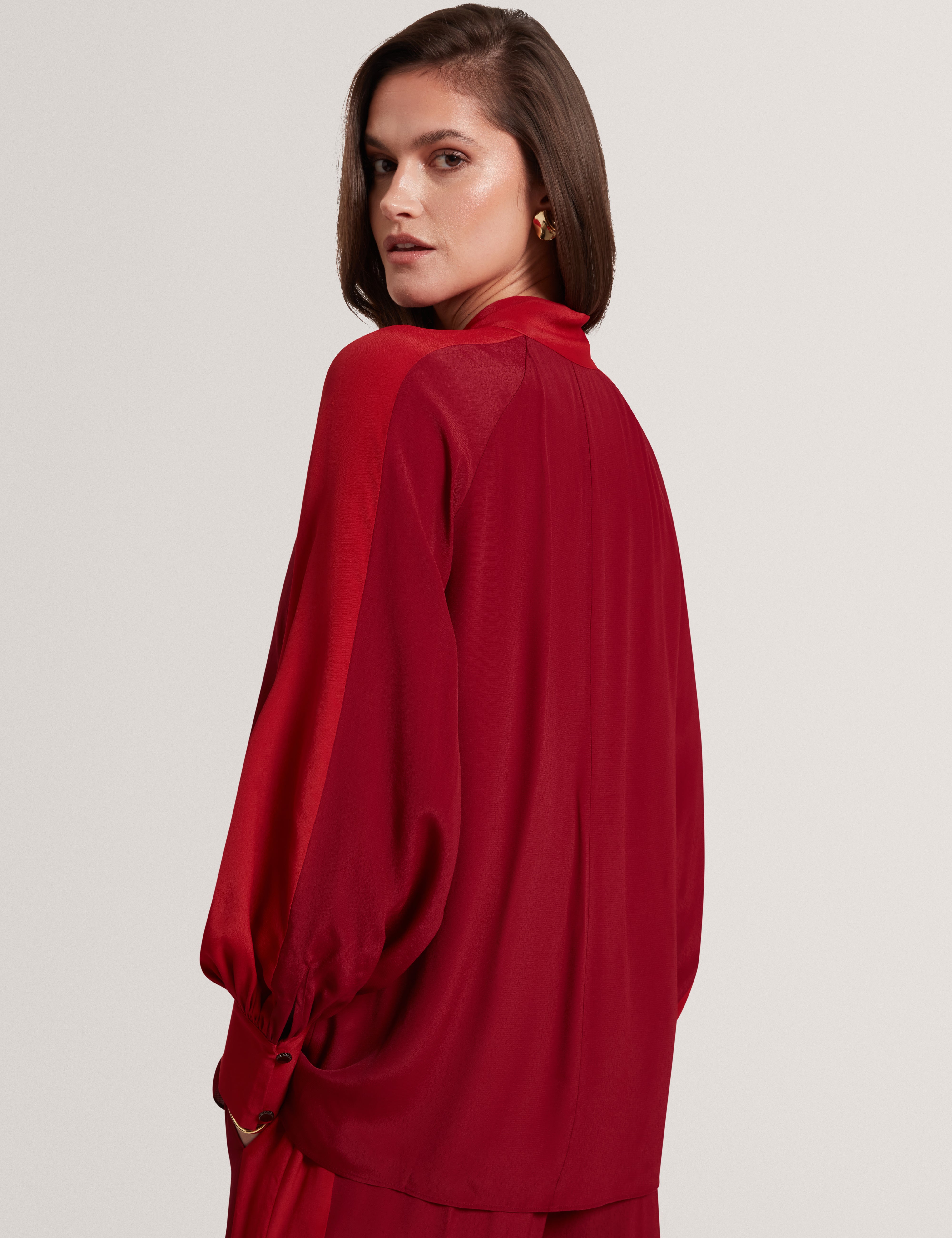 Nehli Tie Neck Long Sleeve Blouse Dk-Red