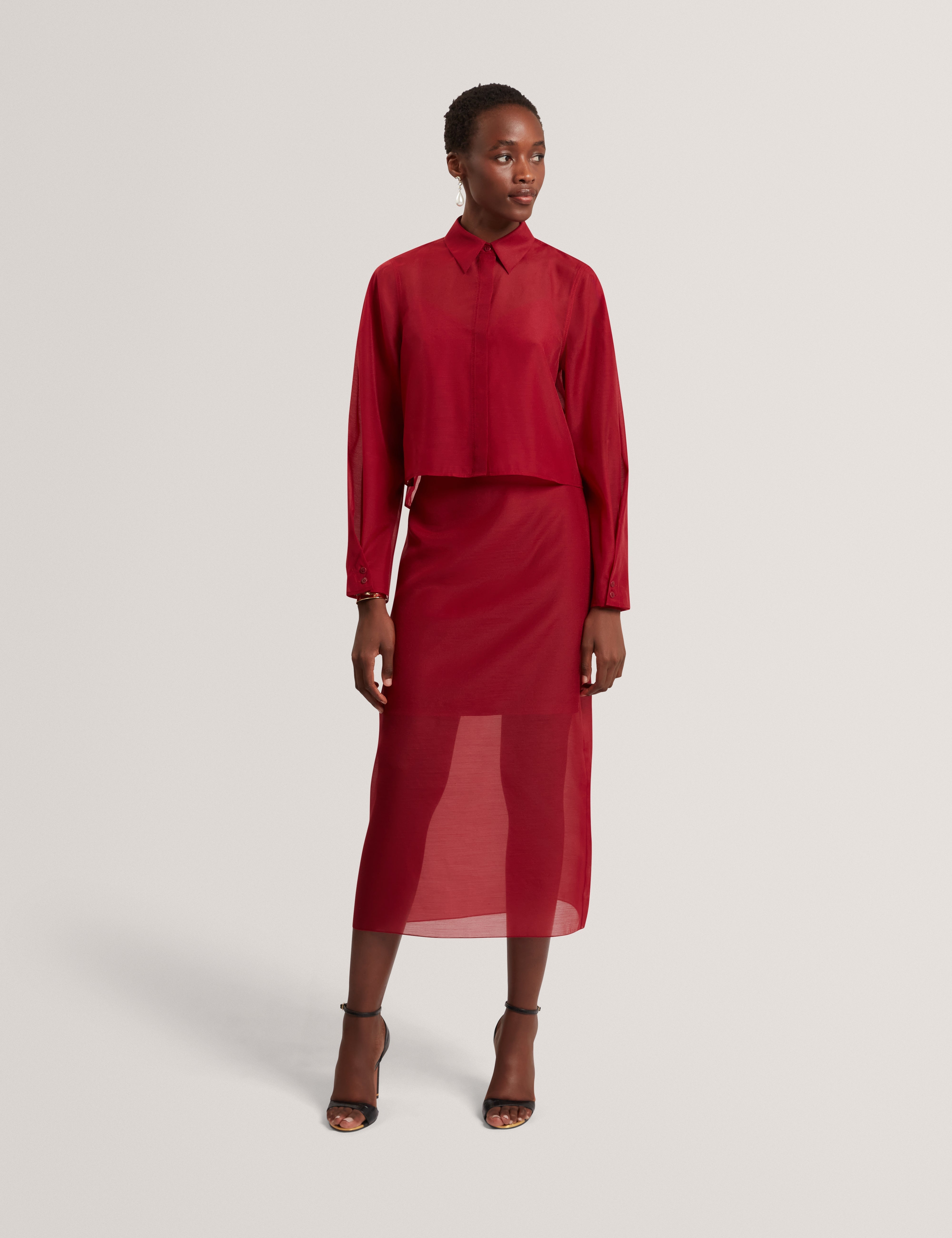 Deka Organza Overlay Midi Skirt Dk-Red