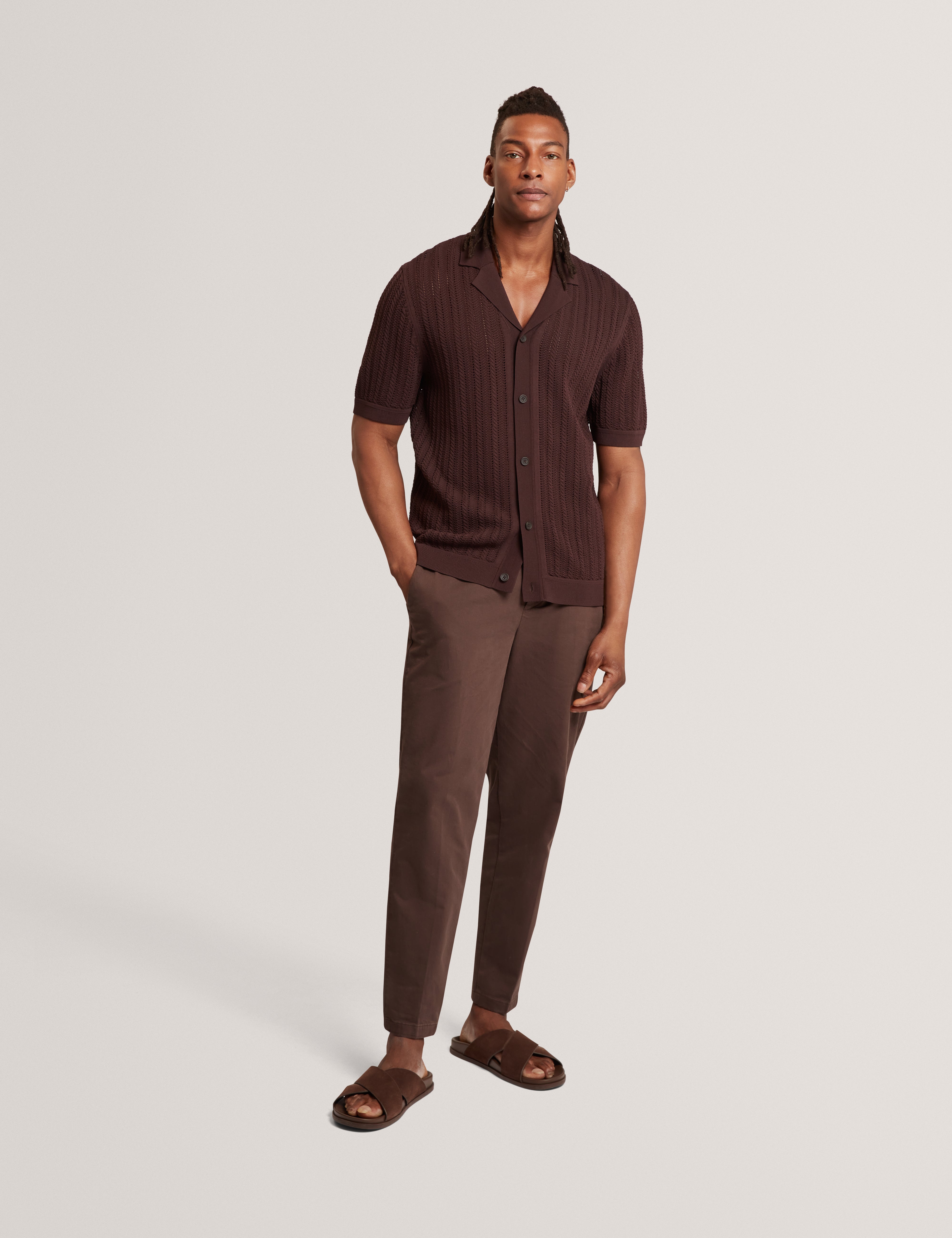 Lound Ss Stitch Interest Button Through Polo Brown