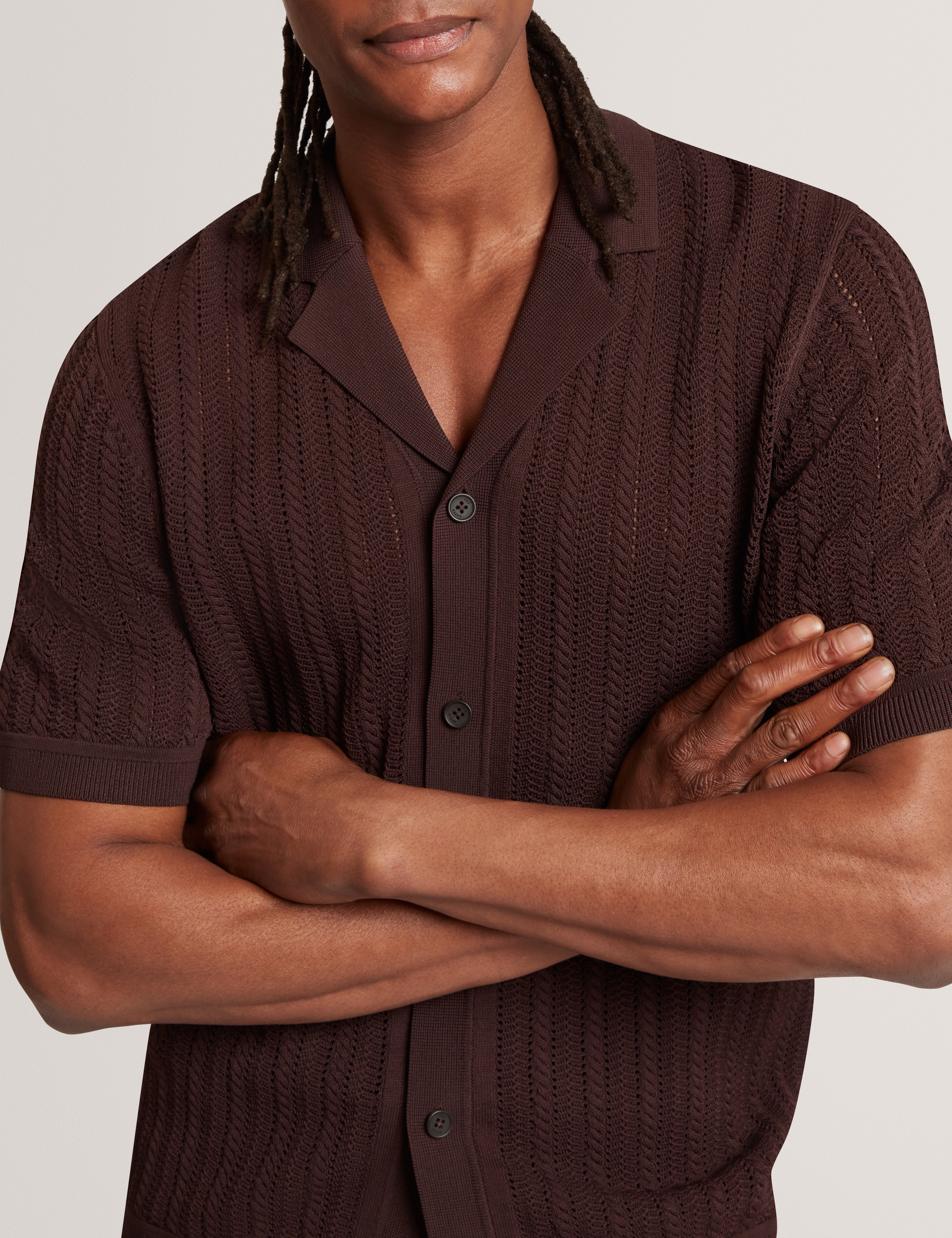 Lound Ss Stitch Interest Button Through Polo Brown