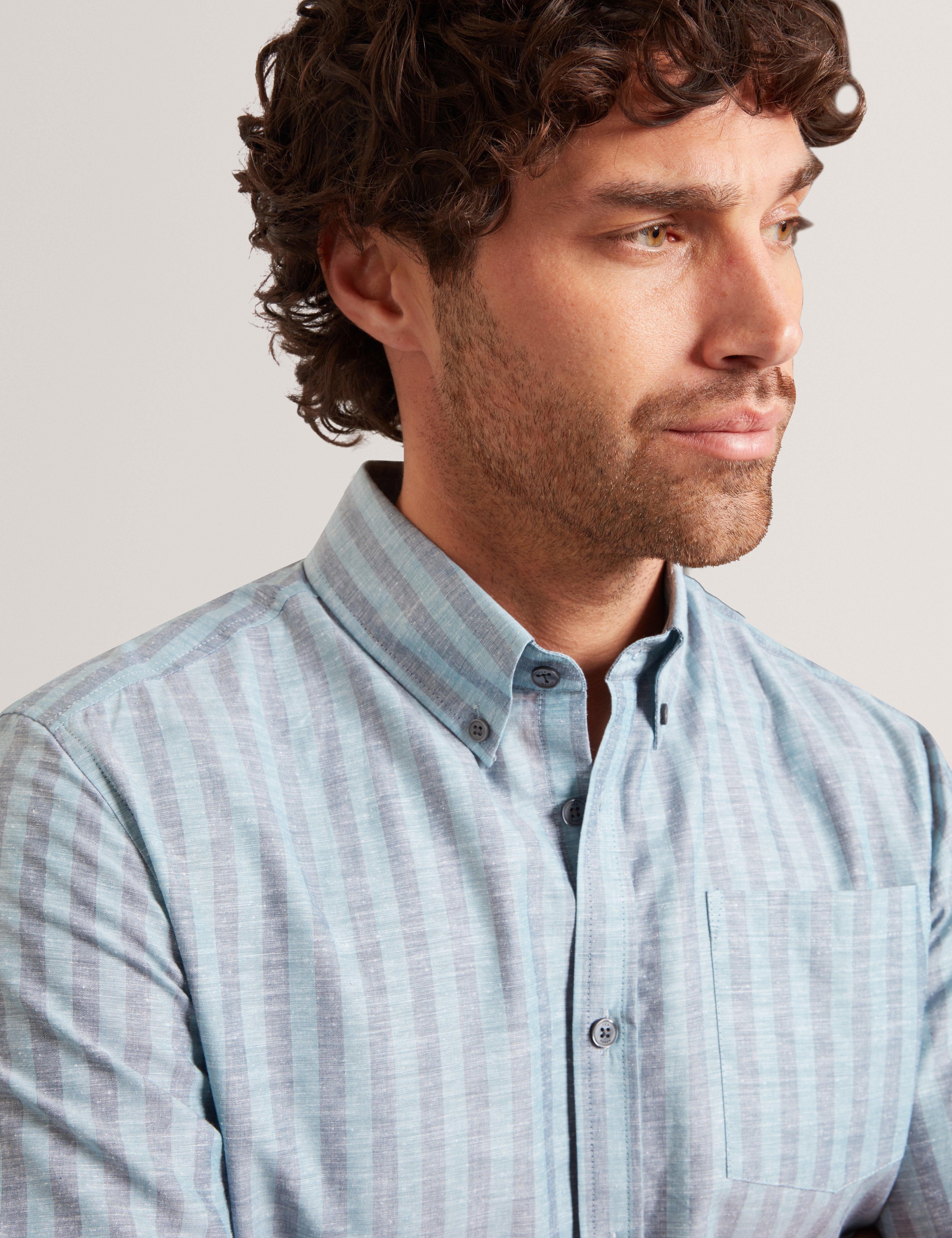 Andrsen Long Sleeve Regular Linen Blend Stripe Teal-Blue