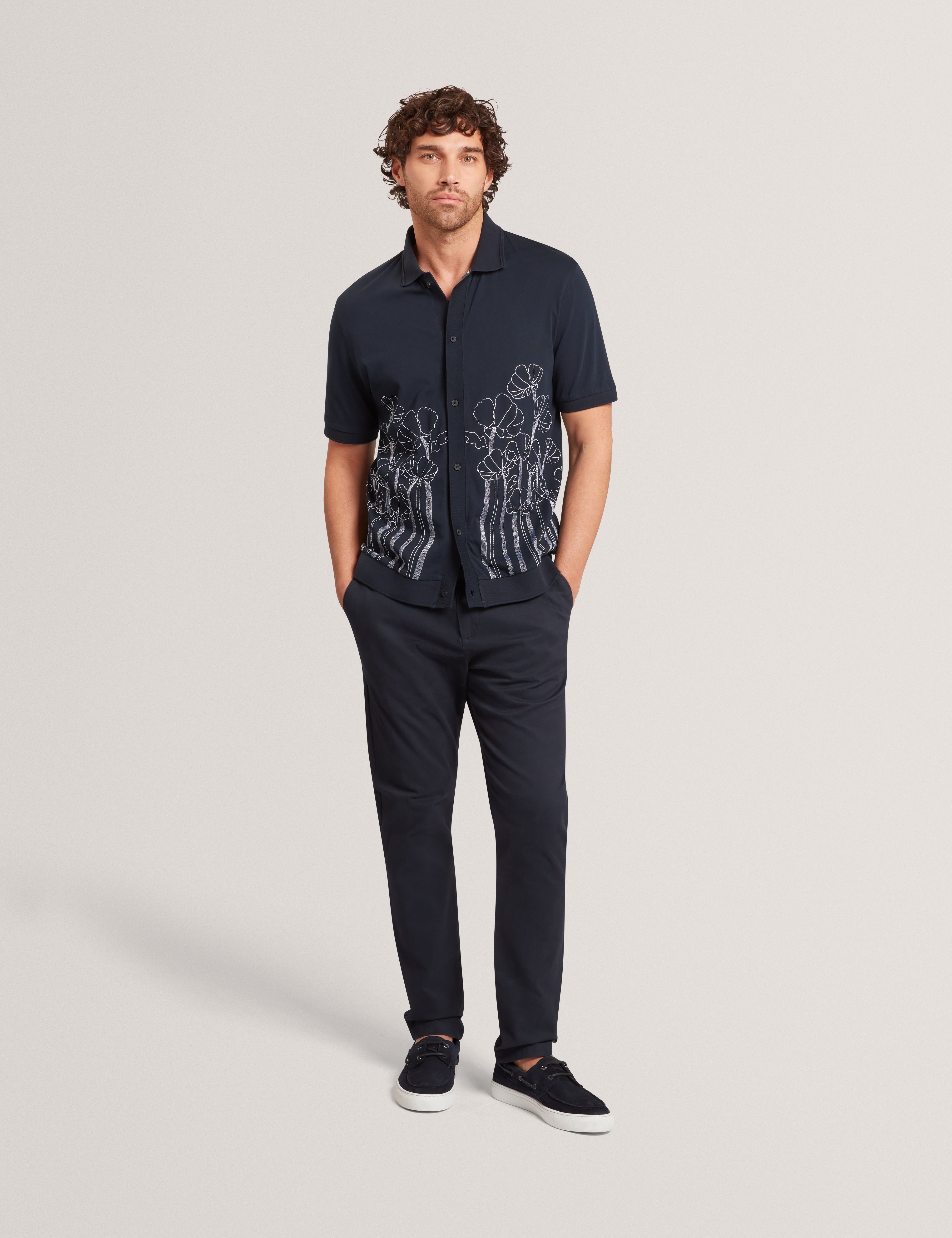 Actton Short Sleeve Floral Embroidered Button Through Polo Shirt Navy