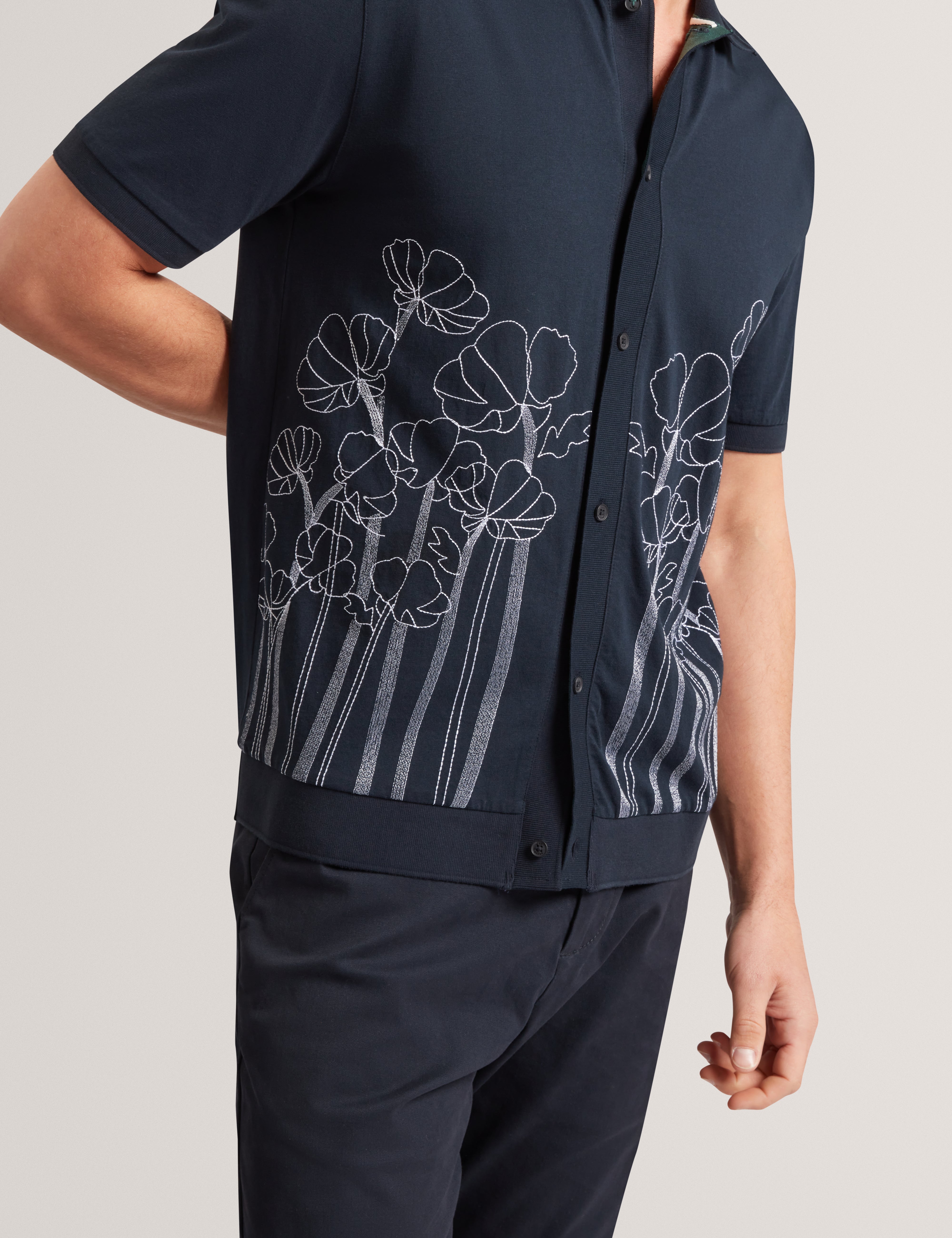 Actton Short Sleeve Floral Embroidered Button Through Polo Shirt Navy
