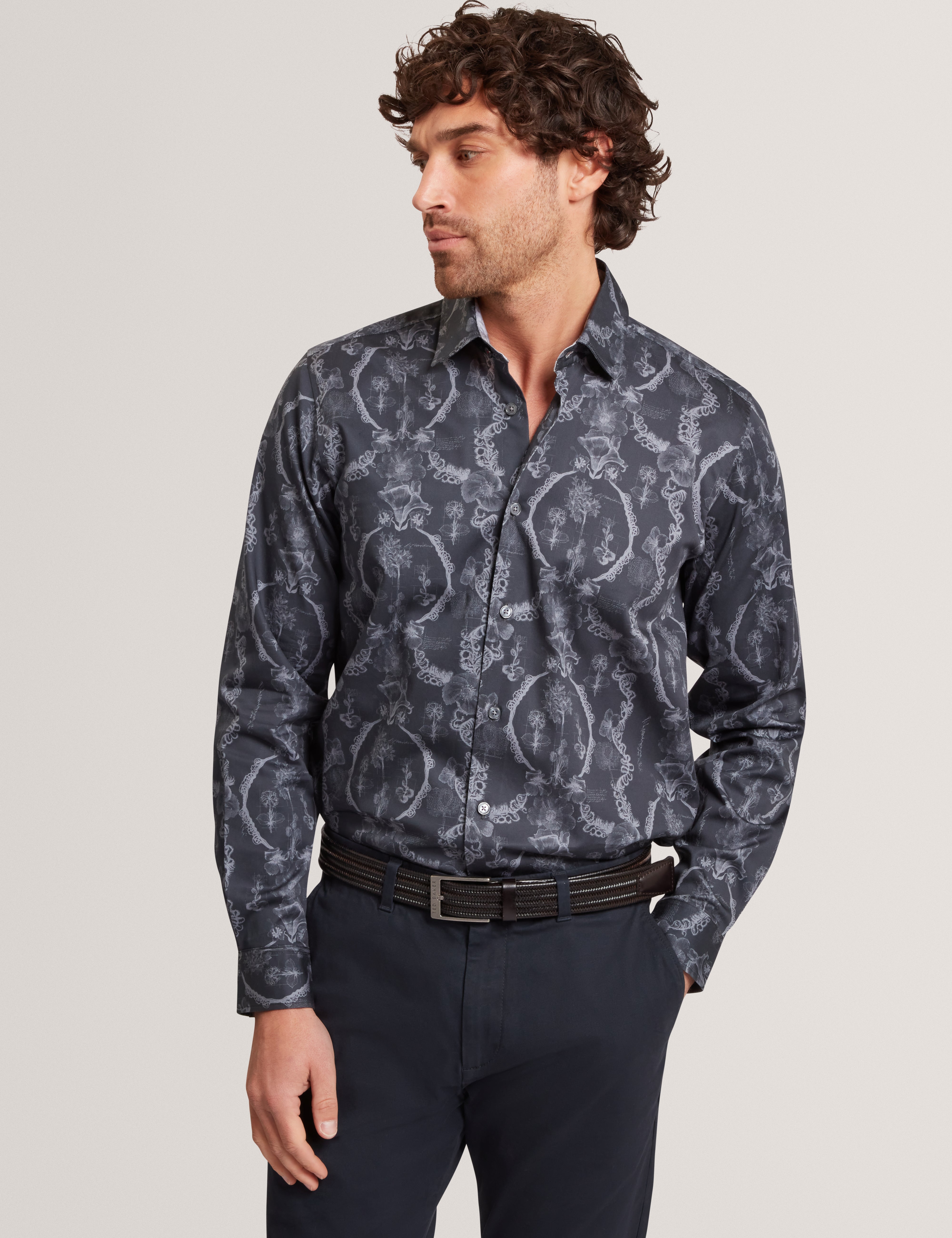 Baddley Long Sleeve Regular Lace Print Shirt Navy