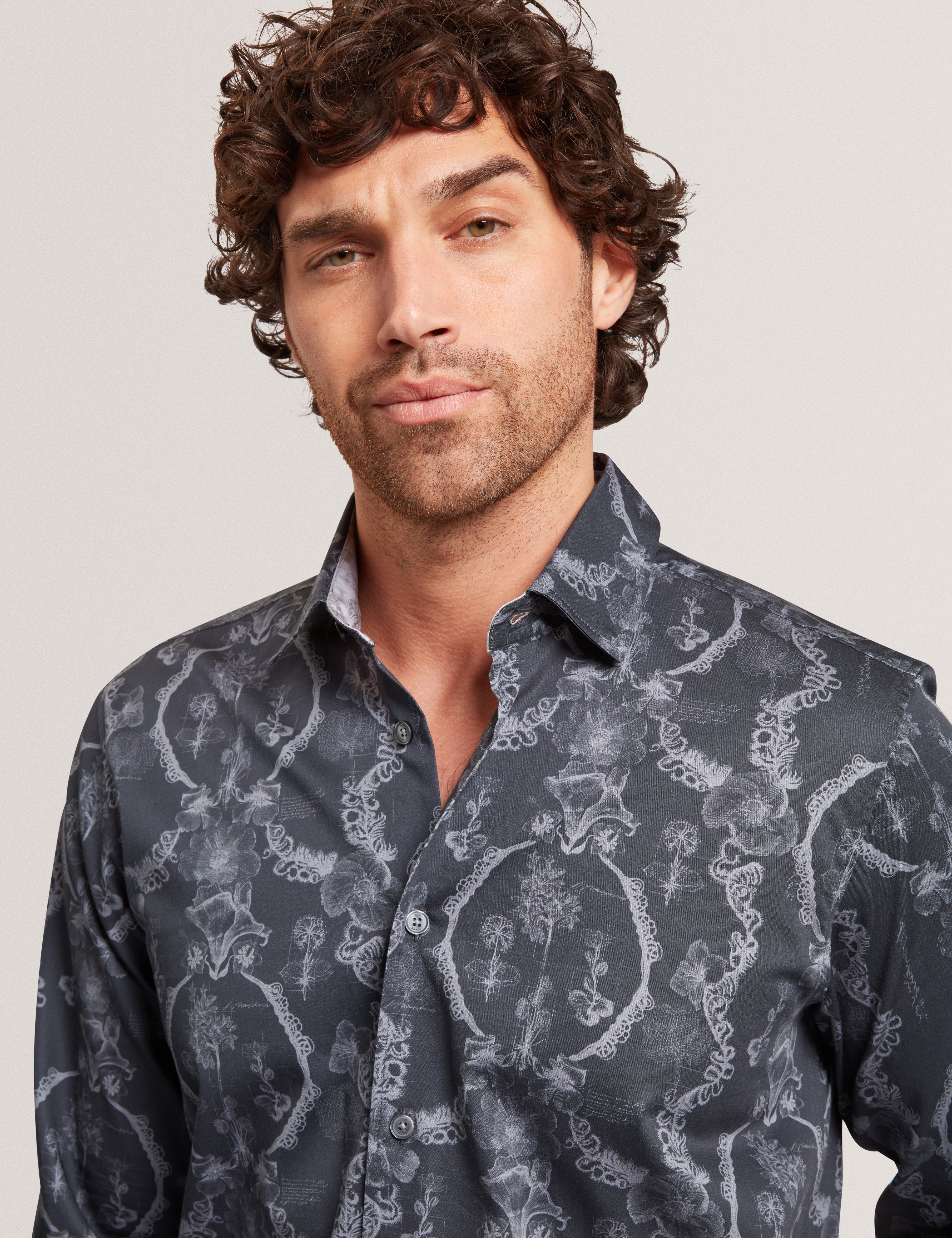 Baddley Long Sleeve Regular Lace Print Shirt Navy