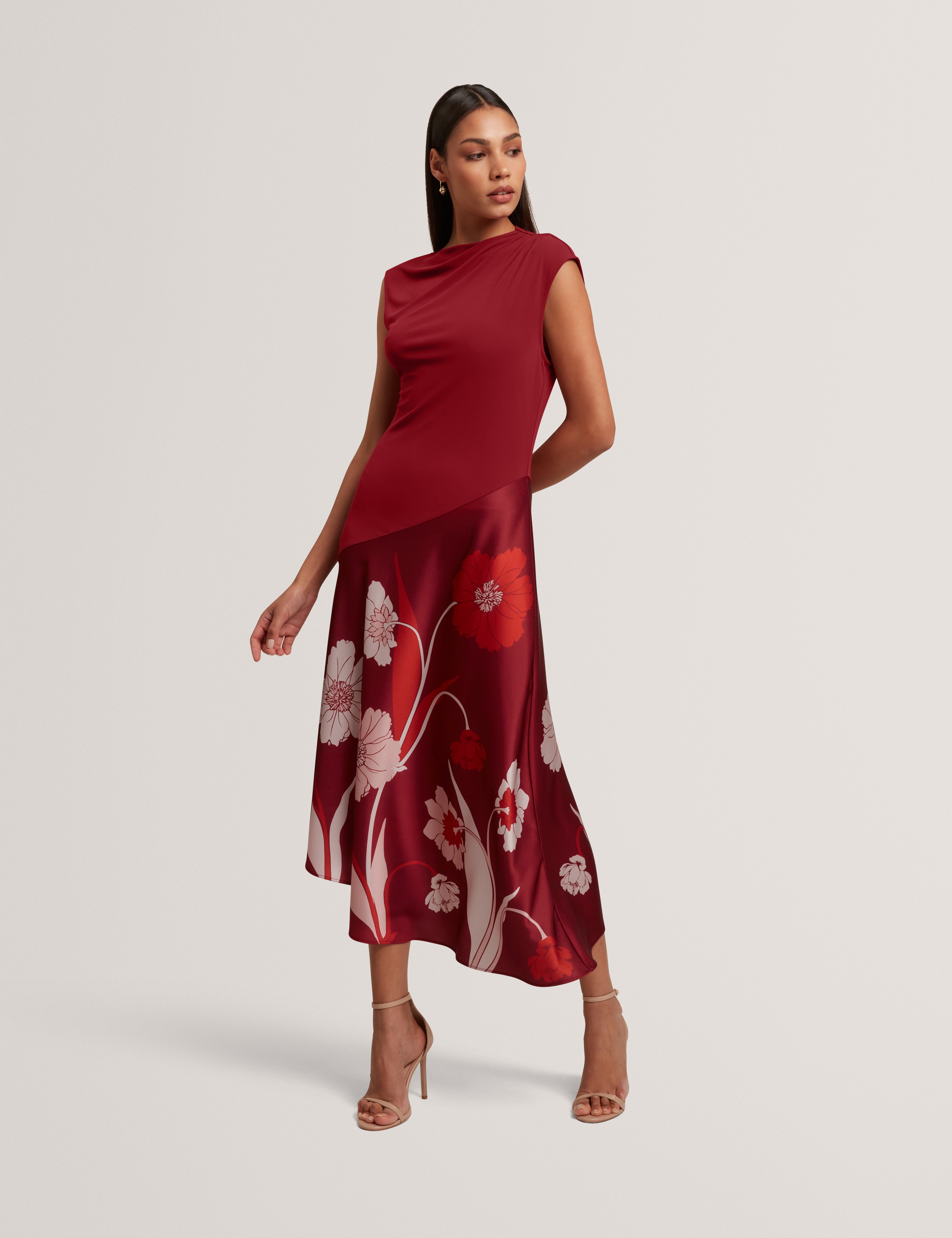 Aulya Printed Jersey Midi Dress With Satin Skirt Dk-Red