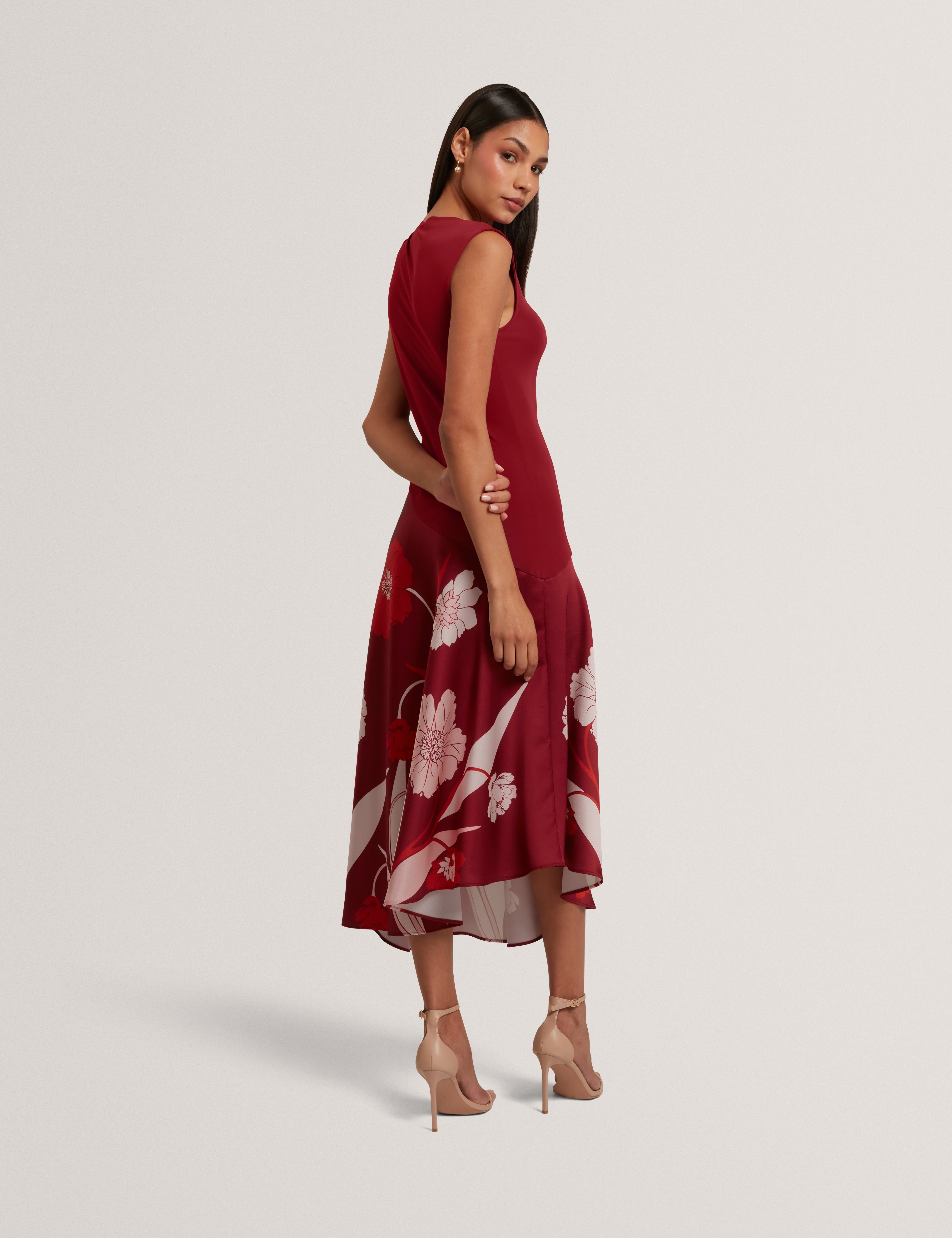 Aulya Printed Jersey Midi Dress With Satin Skirt Dk-Red