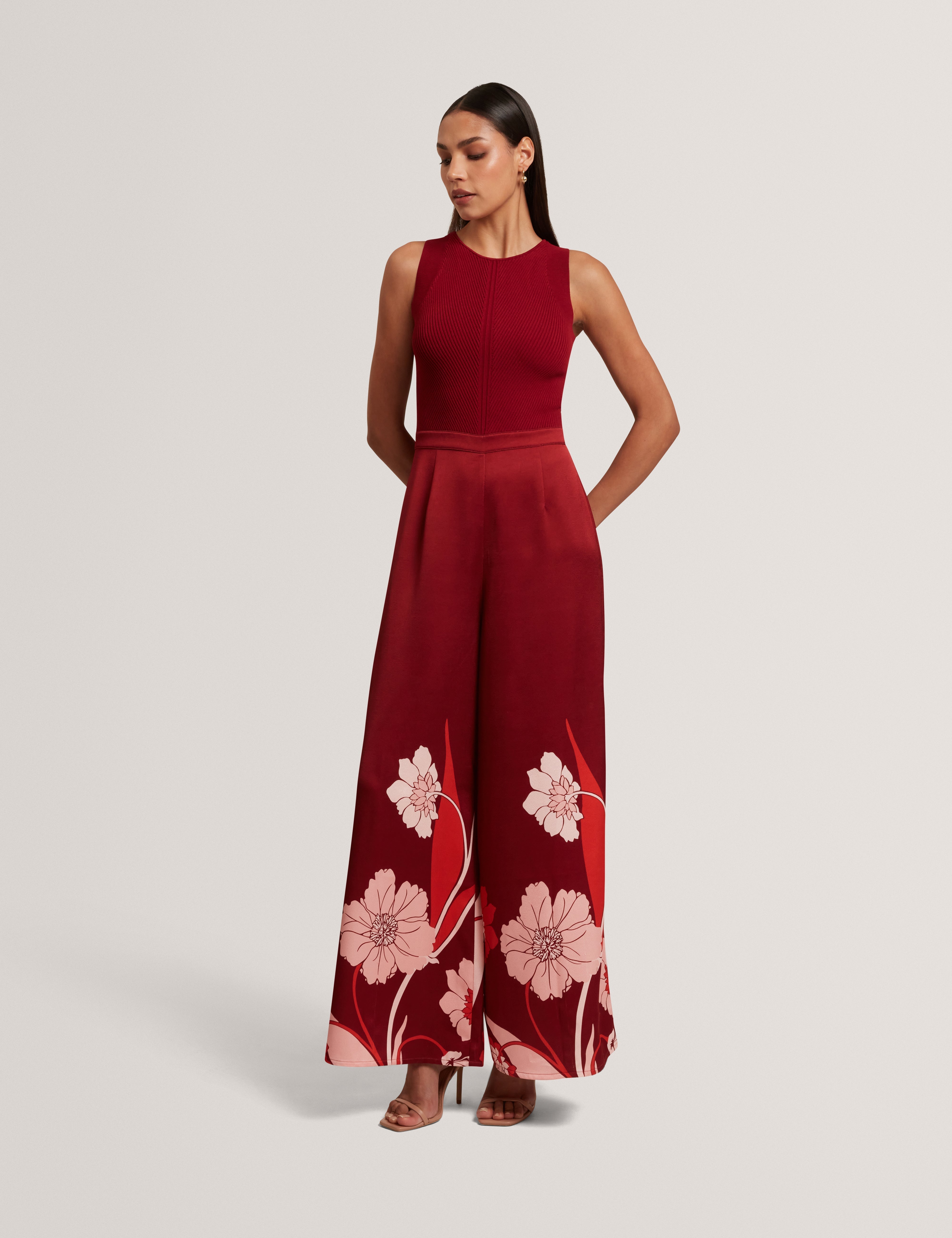 Izeny Knit Bodice Floral Printed Jumpsuit Dk-Red