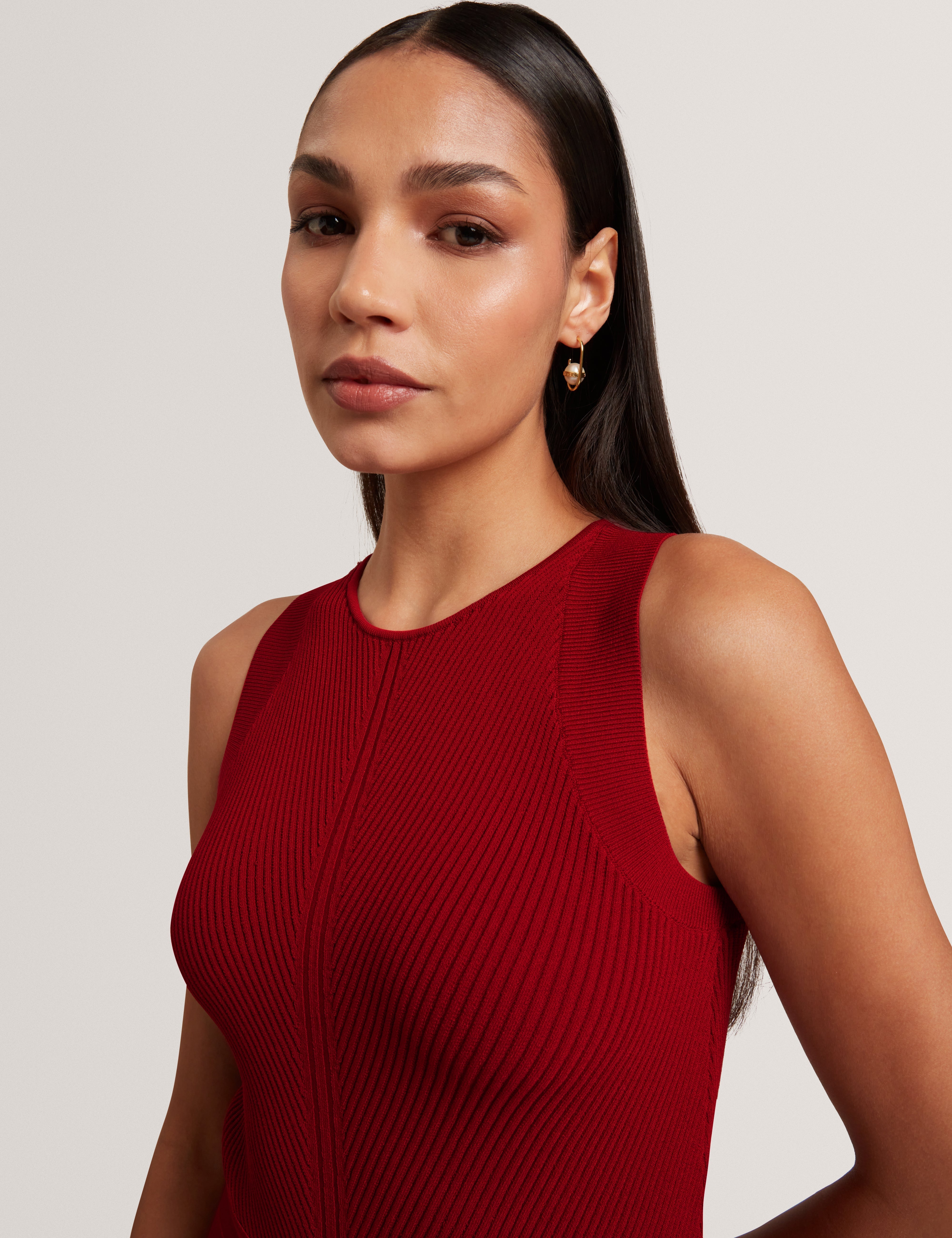 Izeny Knit Bodice Floral Printed Jumpsuit Dk-Red