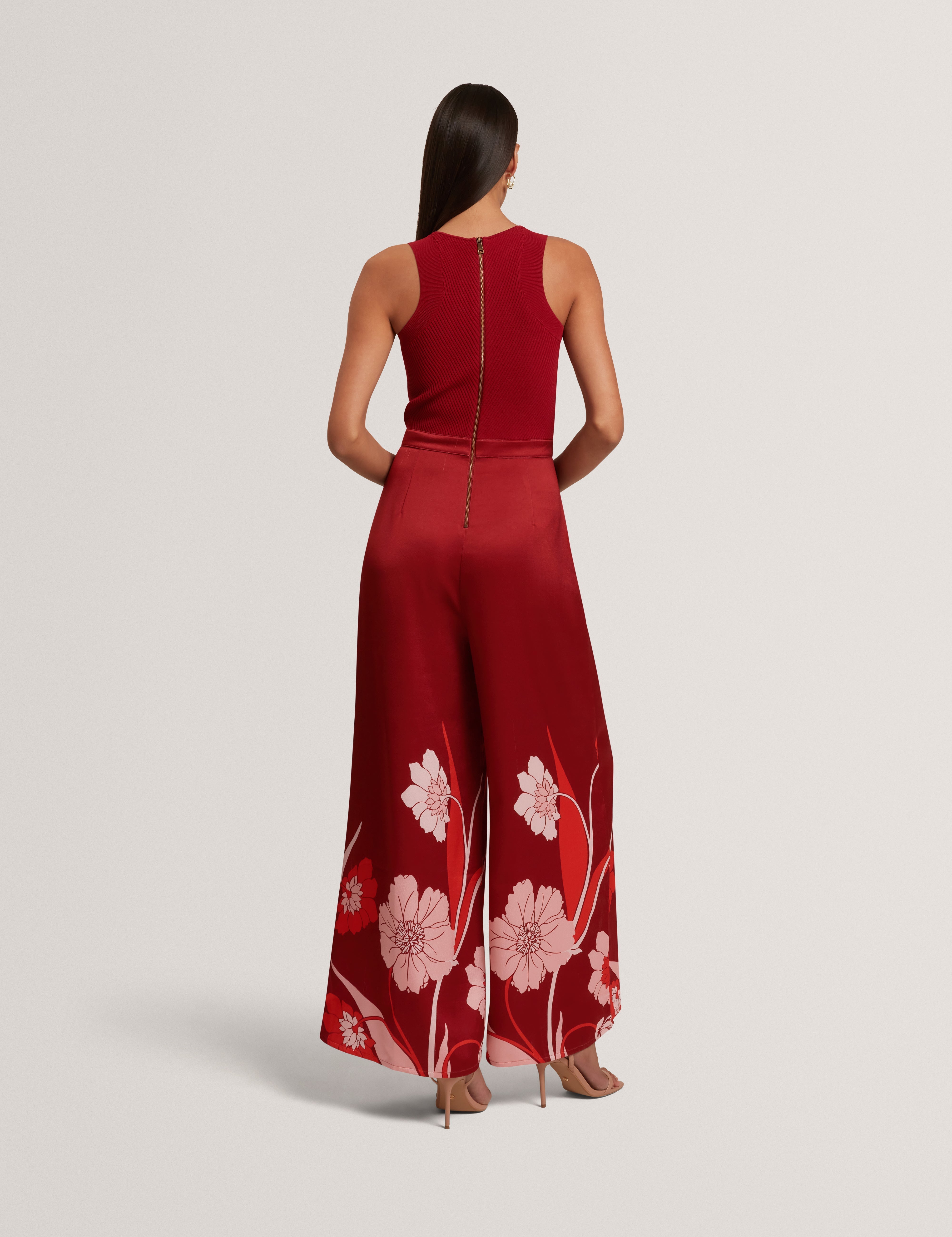 Izeny Knit Bodice Floral Printed Jumpsuit Dk-Red