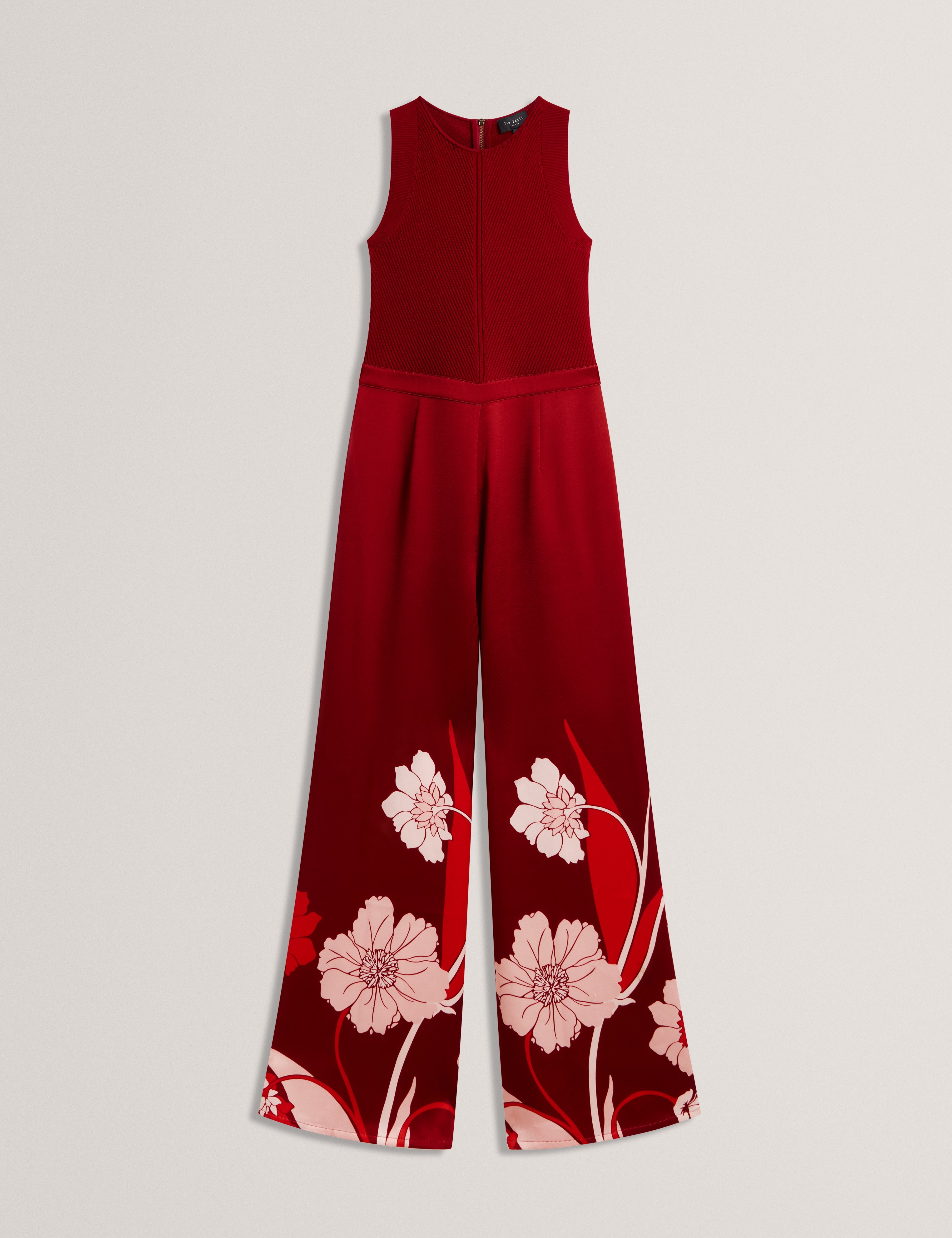 Izeny Knit Bodice Floral Printed Jumpsuit Dk-Red