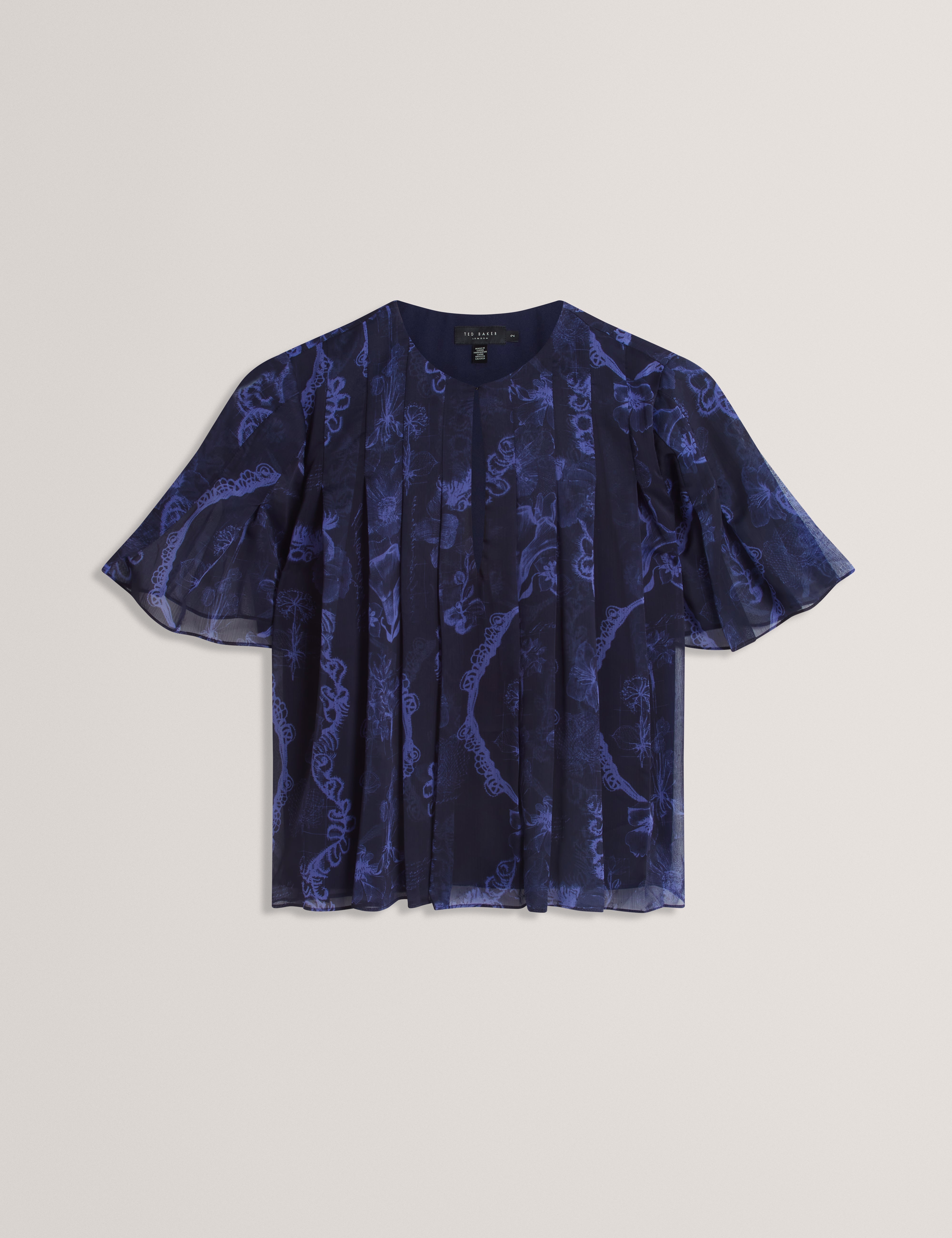 Tullya Pleated Angel Sleeve Printed Top Navy