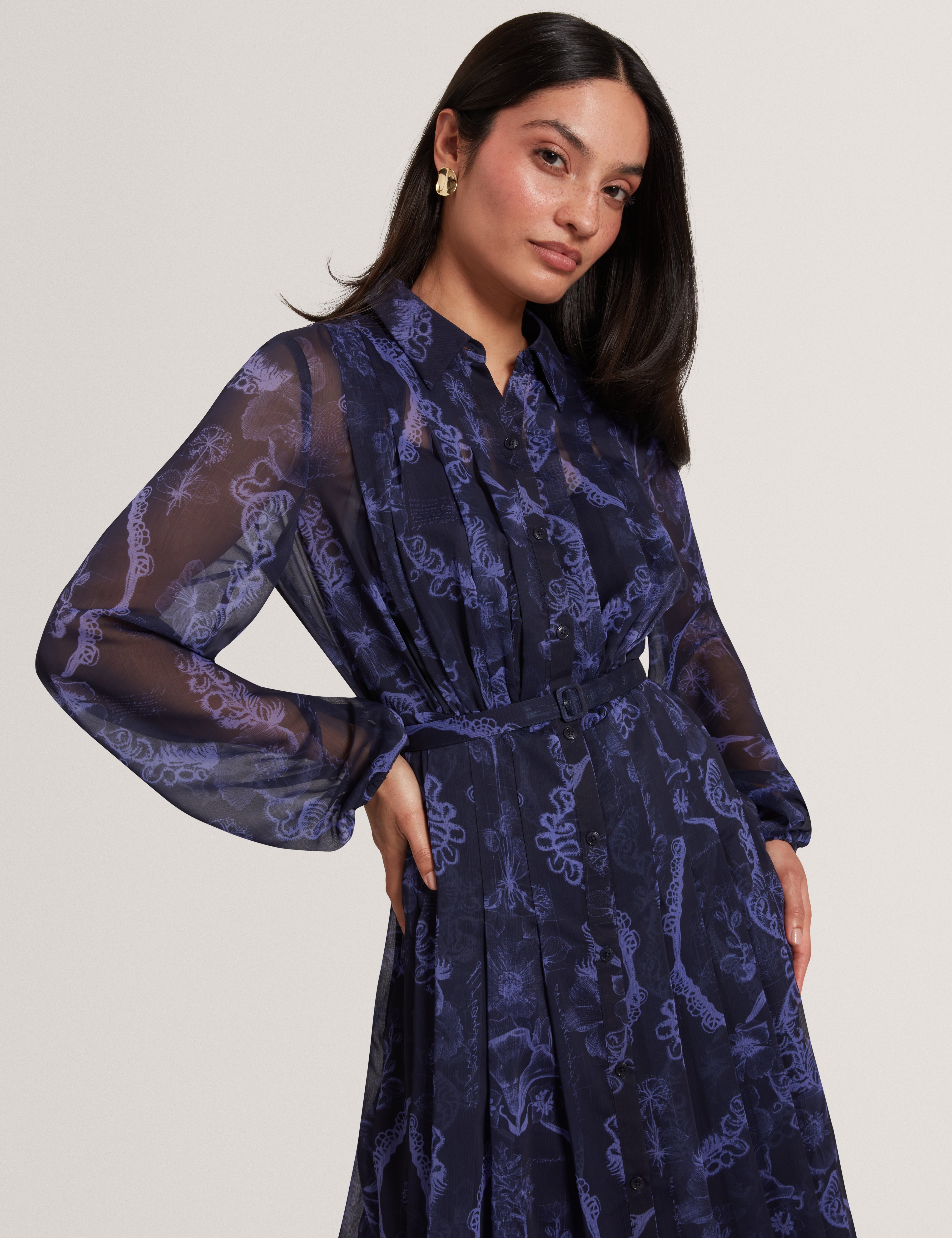 Oskana Pleated Midi Printed Shirt Dress Navy