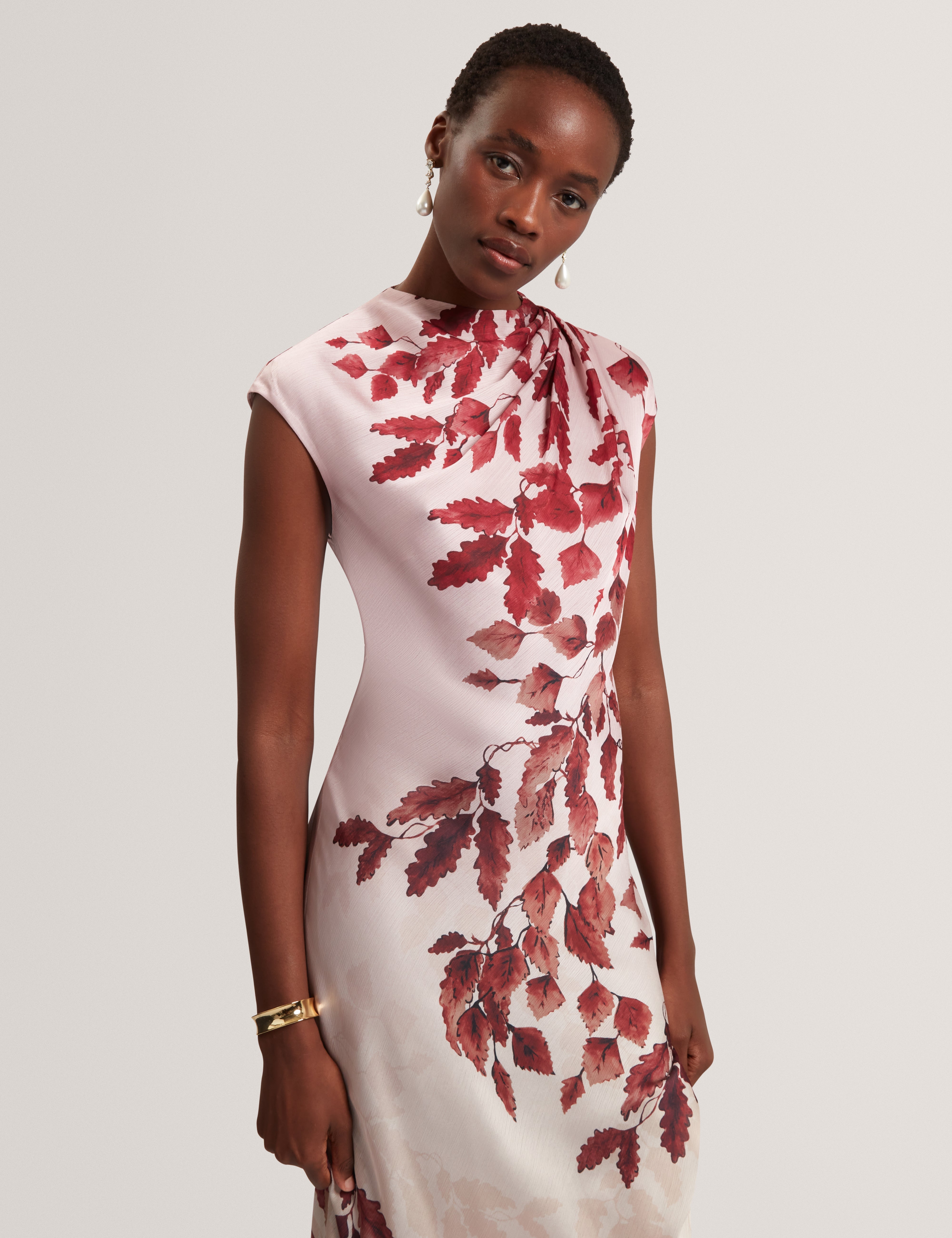 Jowra Printed Draped Neck Midi Dress Rosegd-Col