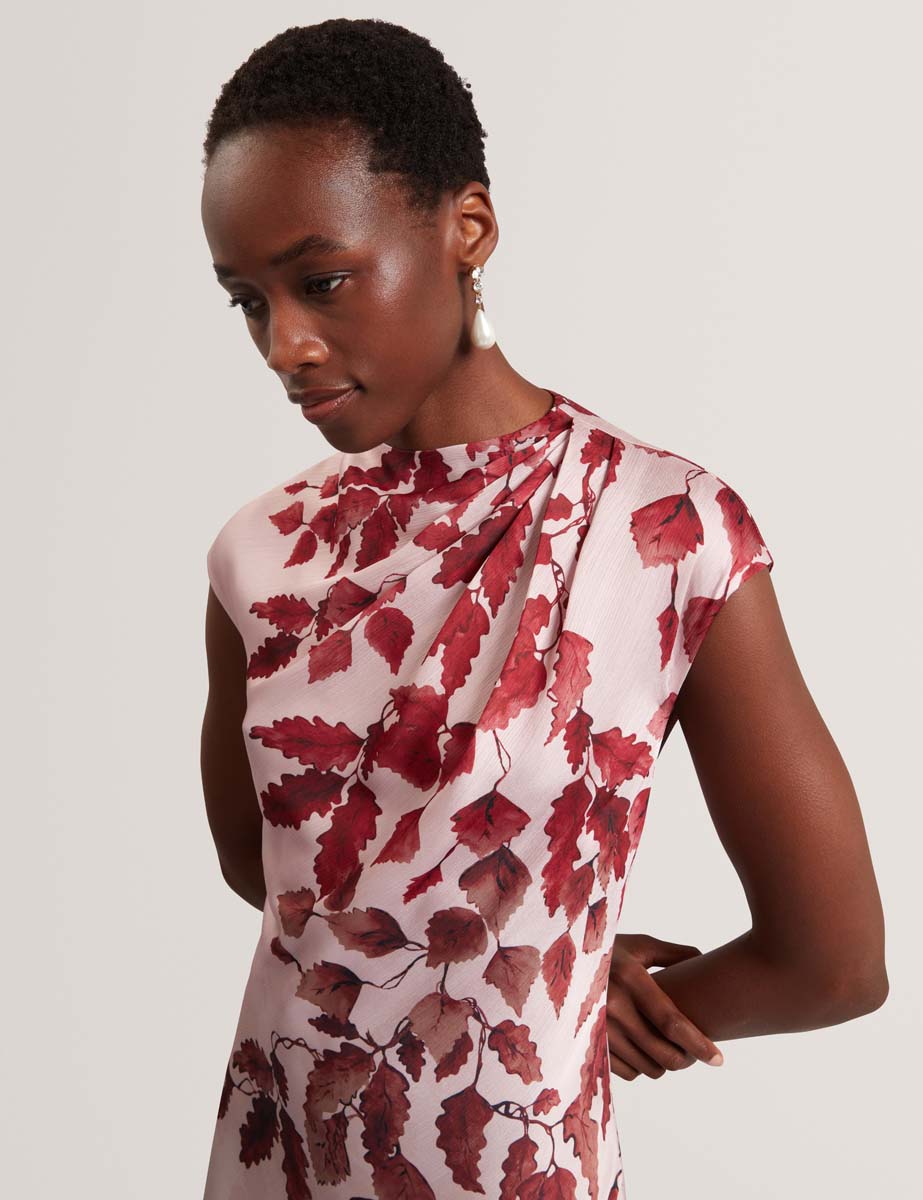 Jowra Printed Draped Neck Midi Dress Rosegd-Col