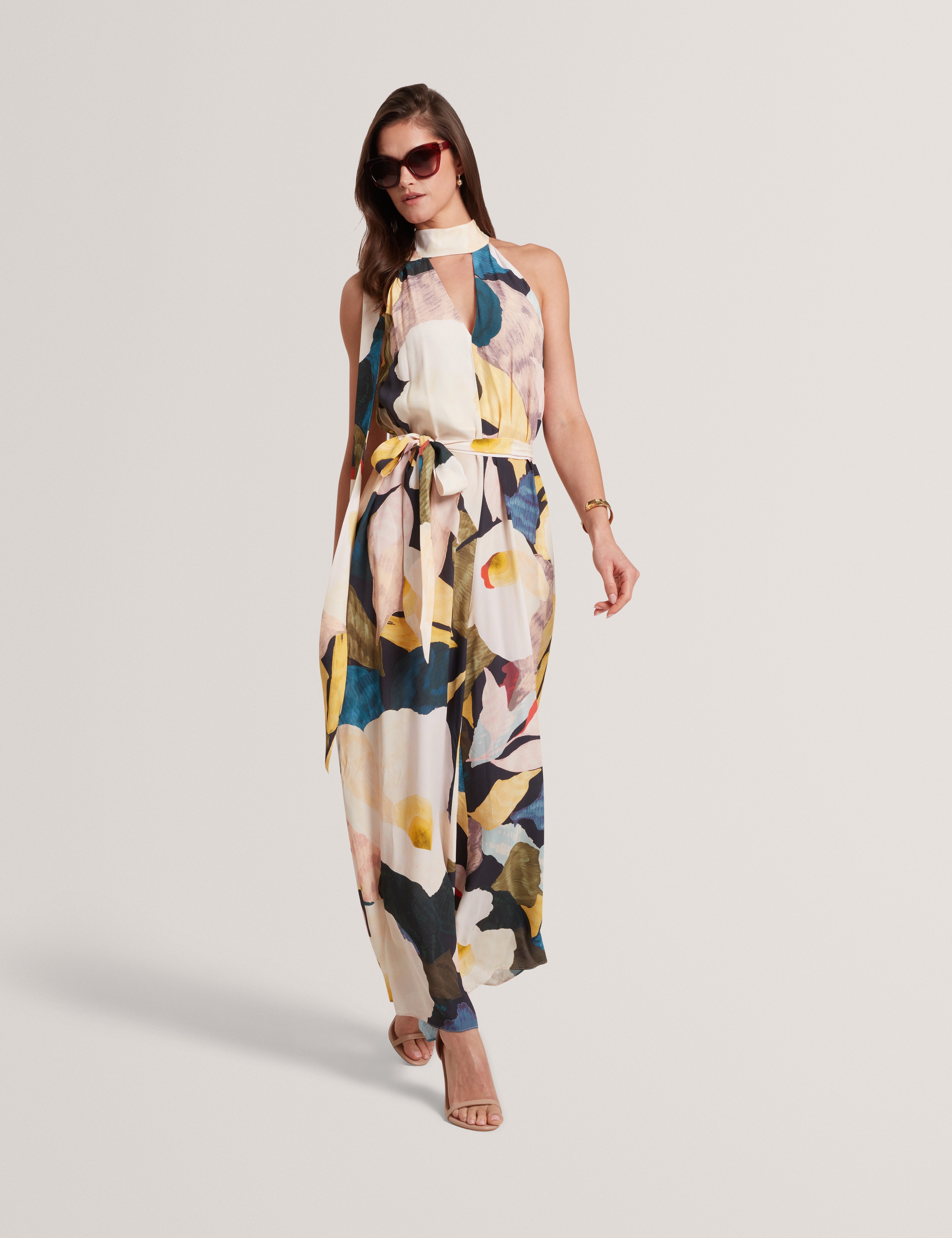 Camea Printed Sleeveless Tie Neck Detail Jumps Navy