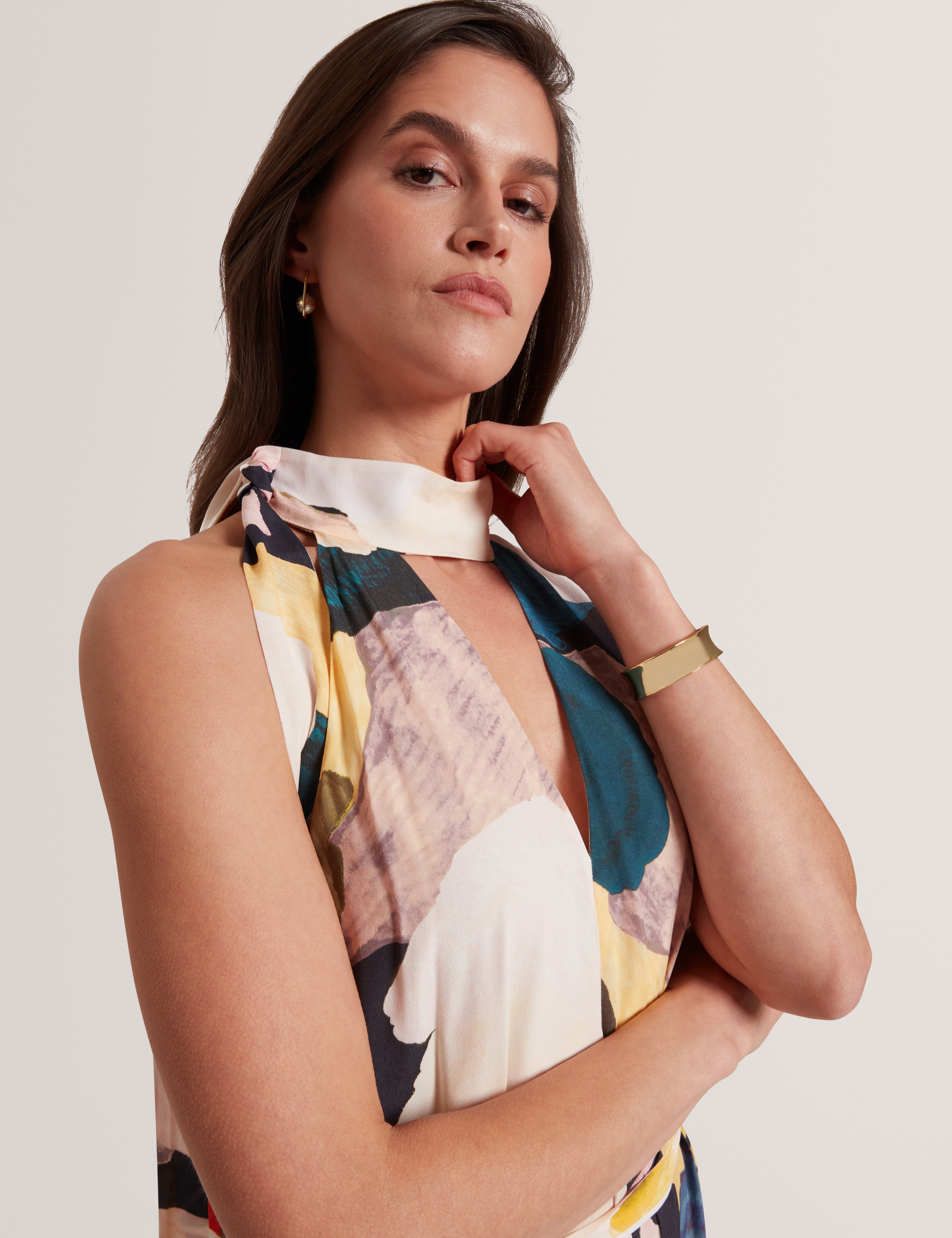Camea Printed Sleeveless Tie Neck Detail Jumps Navy