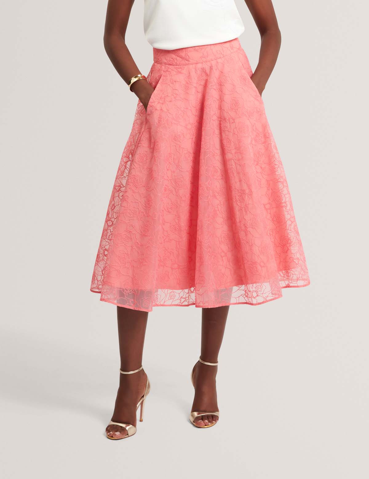 Krizie Embroidered Organza Midi Skirt Coral