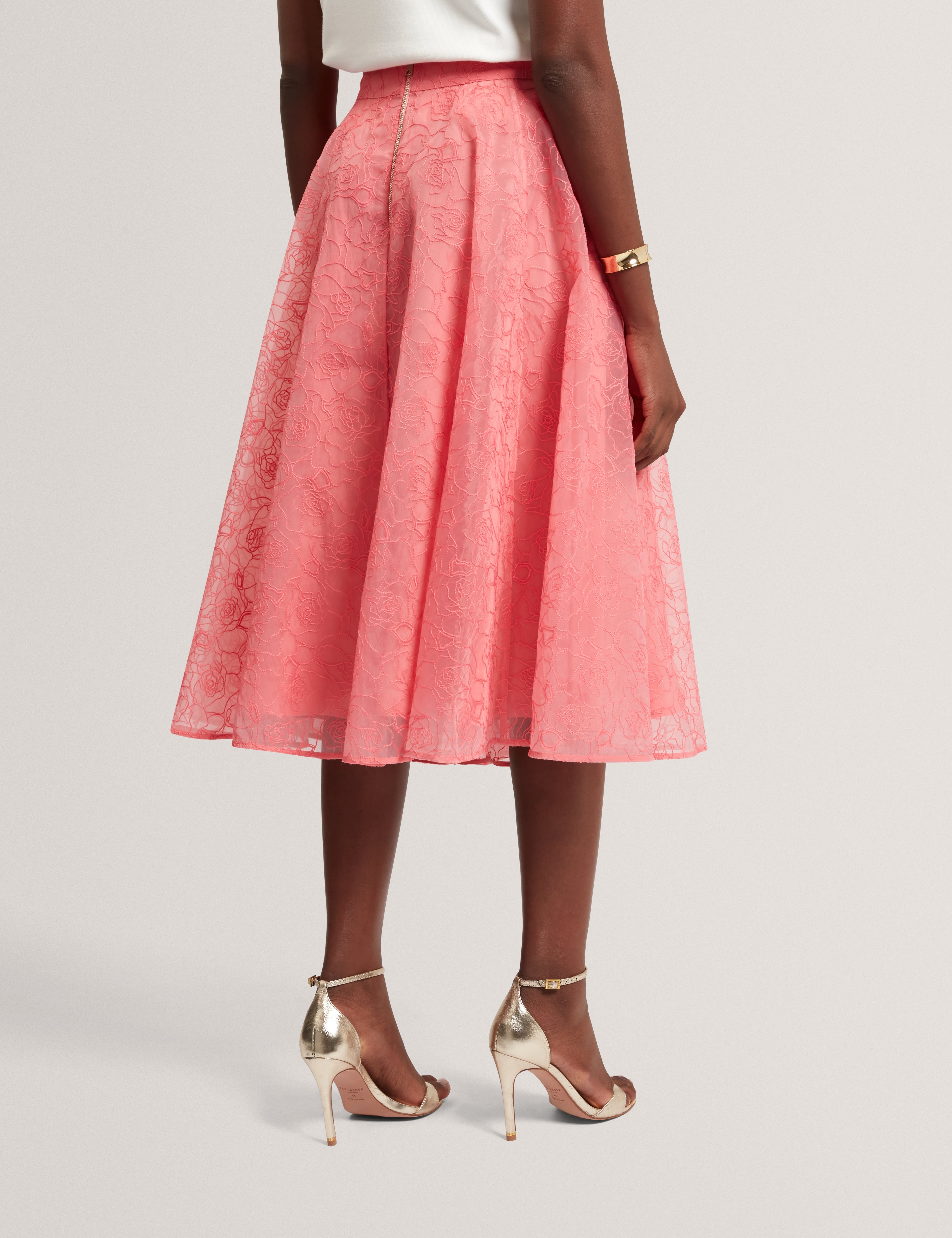 Krizie Embroidered Organza Midi Skirt Coral