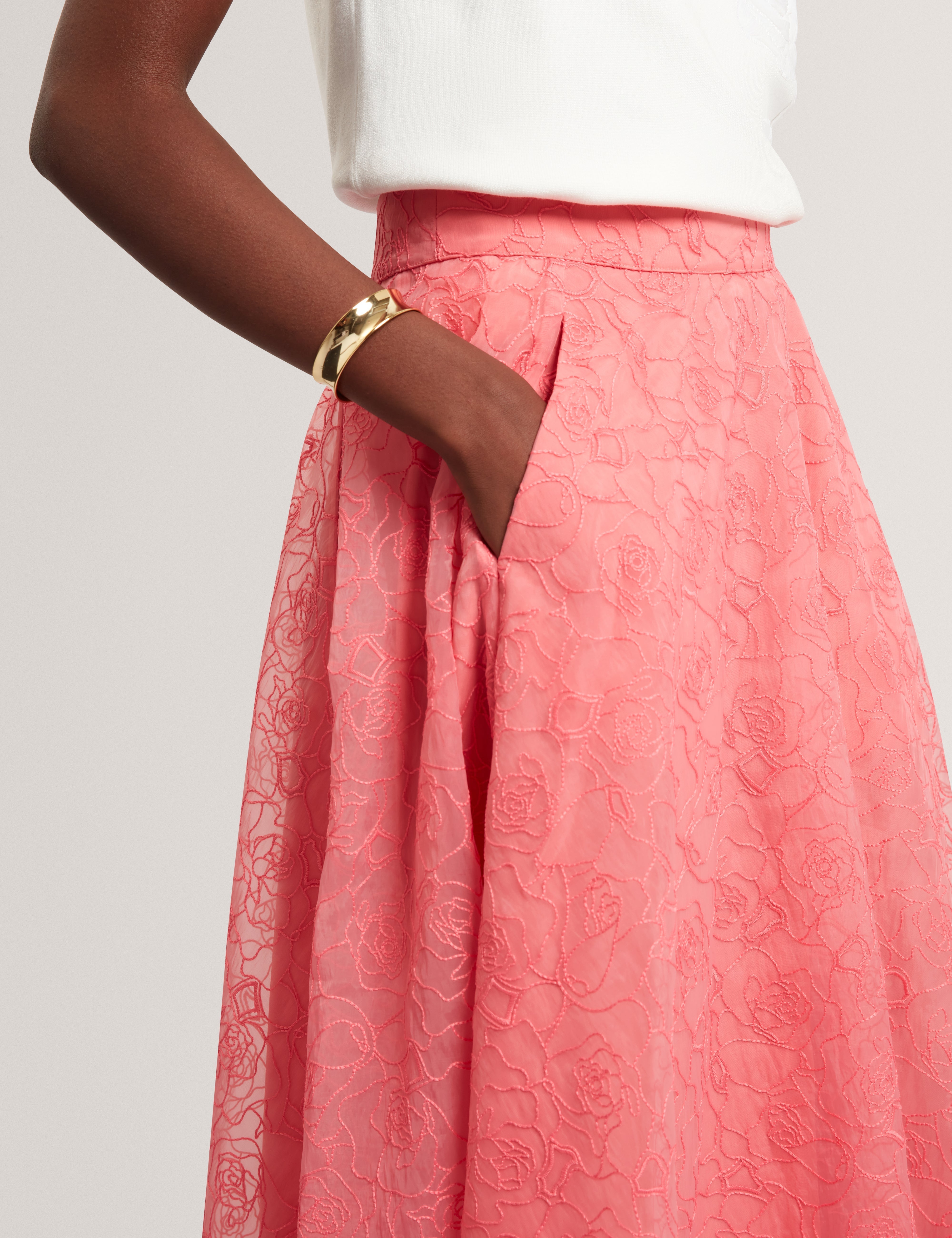 Krizie Embroidered Organza Midi Skirt Coral