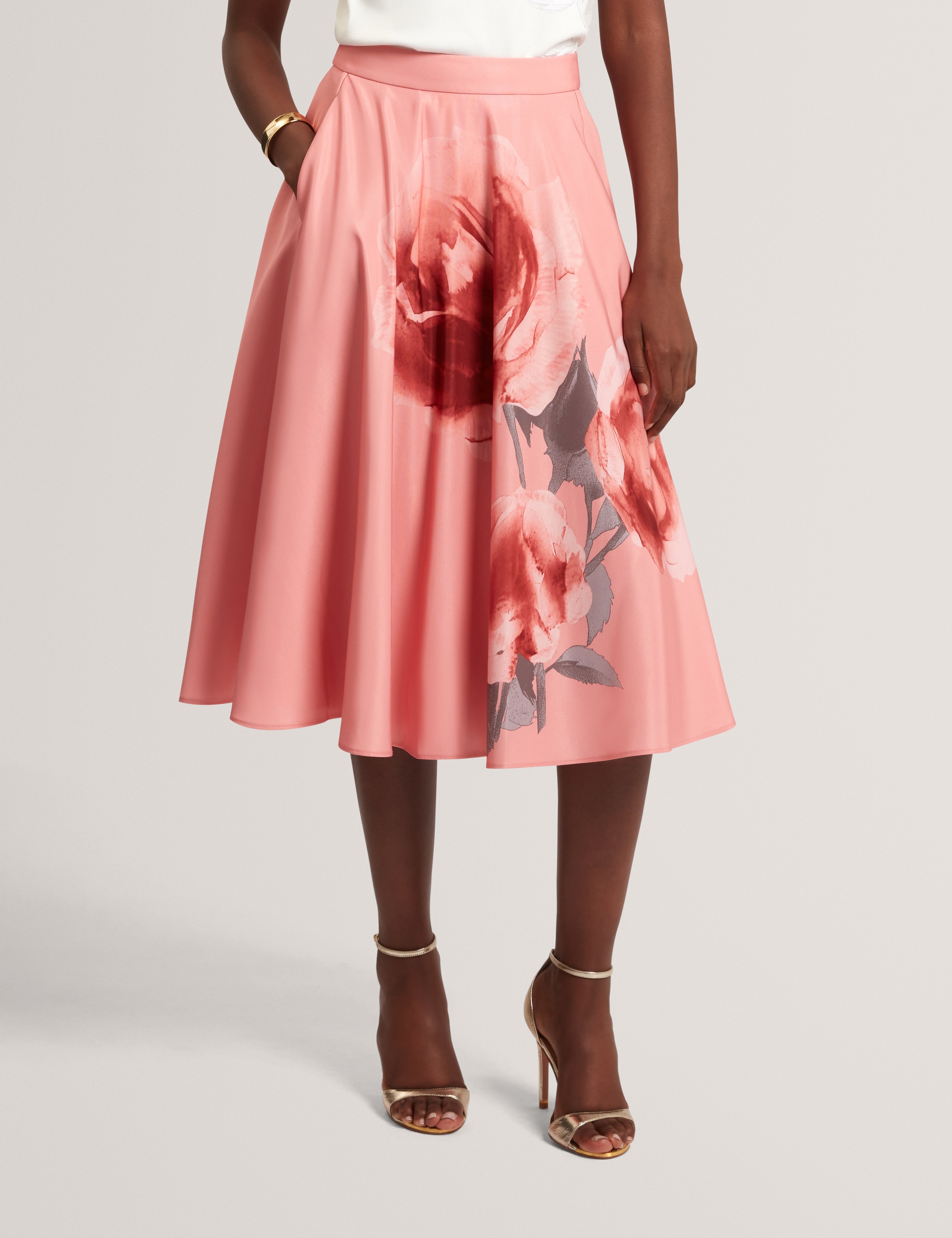 Darraa Floral Printed Ottoman Midi Skirt Coral