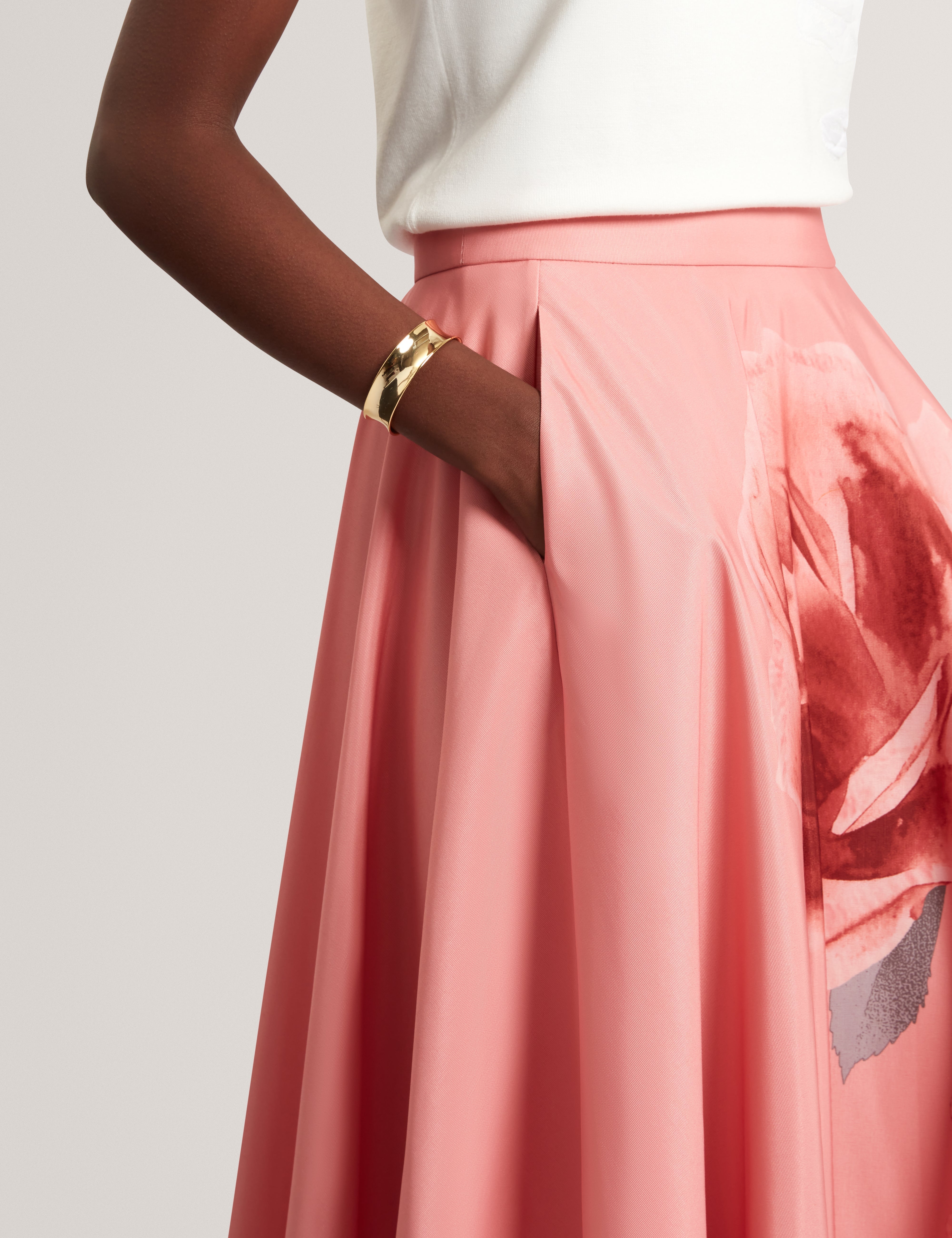 Darraa Floral Printed Ottoman Midi Skirt Coral