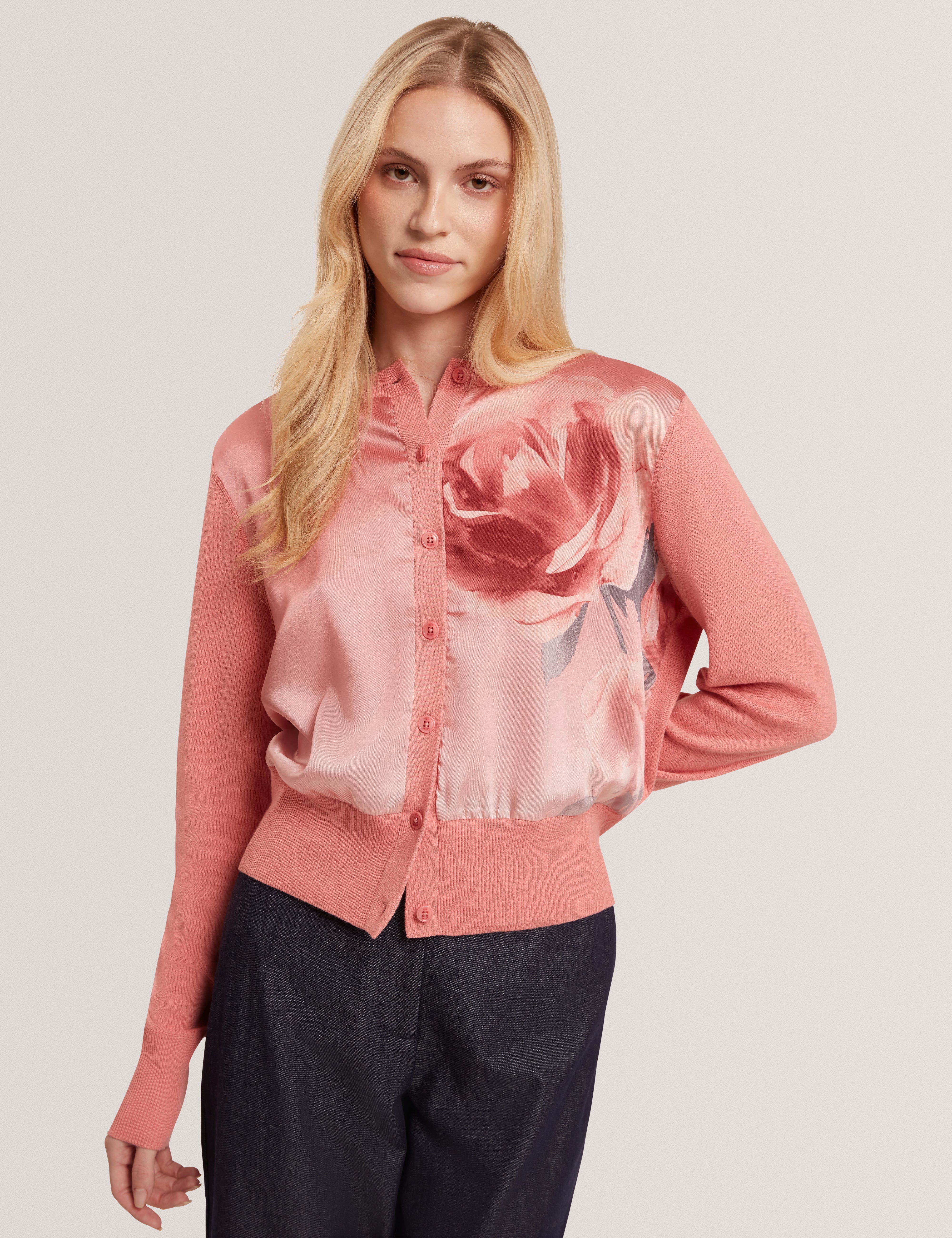 Ilyna Floral Printed Woven Front Cardigan Coral