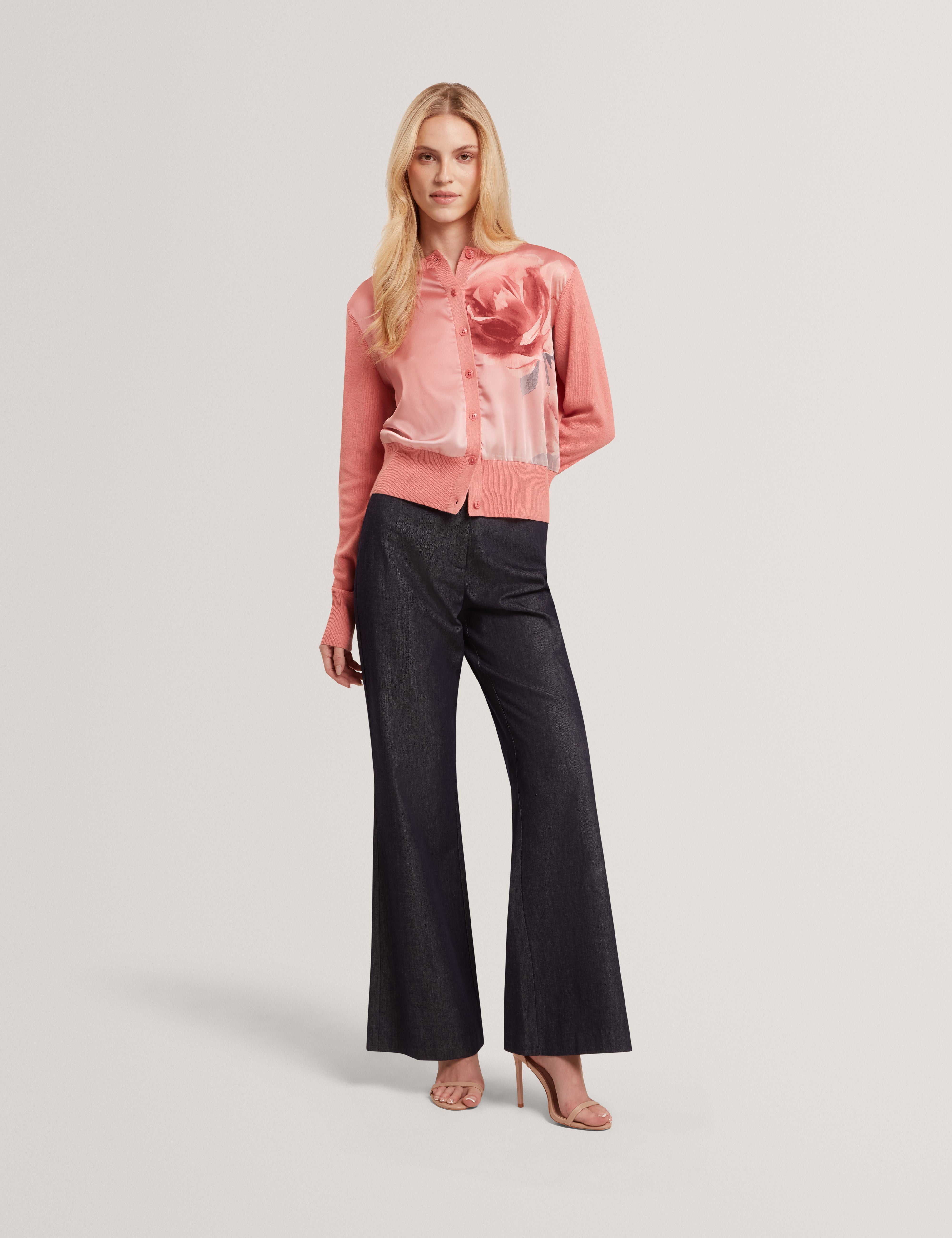 Ilyna Floral Printed Woven Front Cardigan Coral