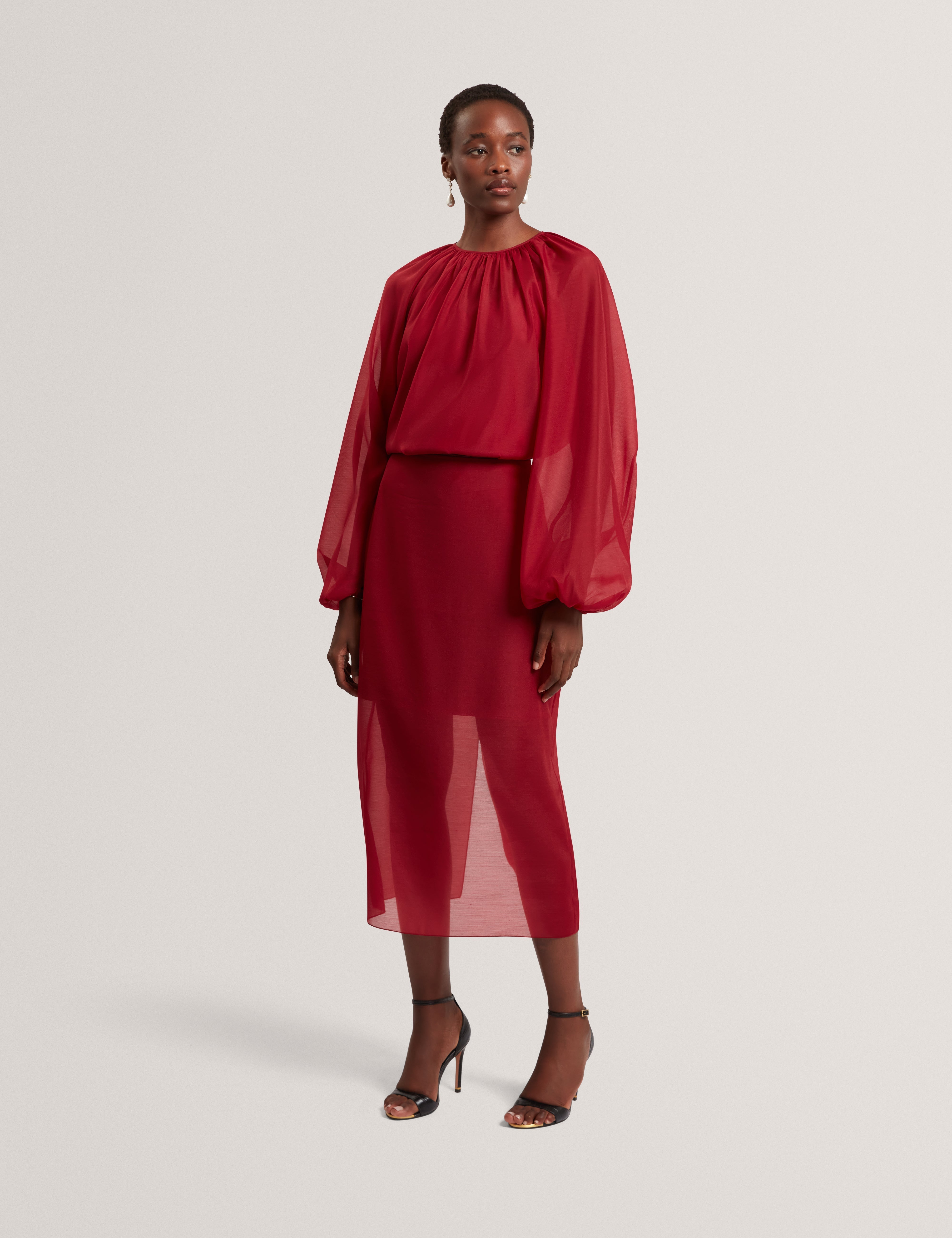 Eelana Puff Sleeve Blouse With Organza Overlay Dk-Red