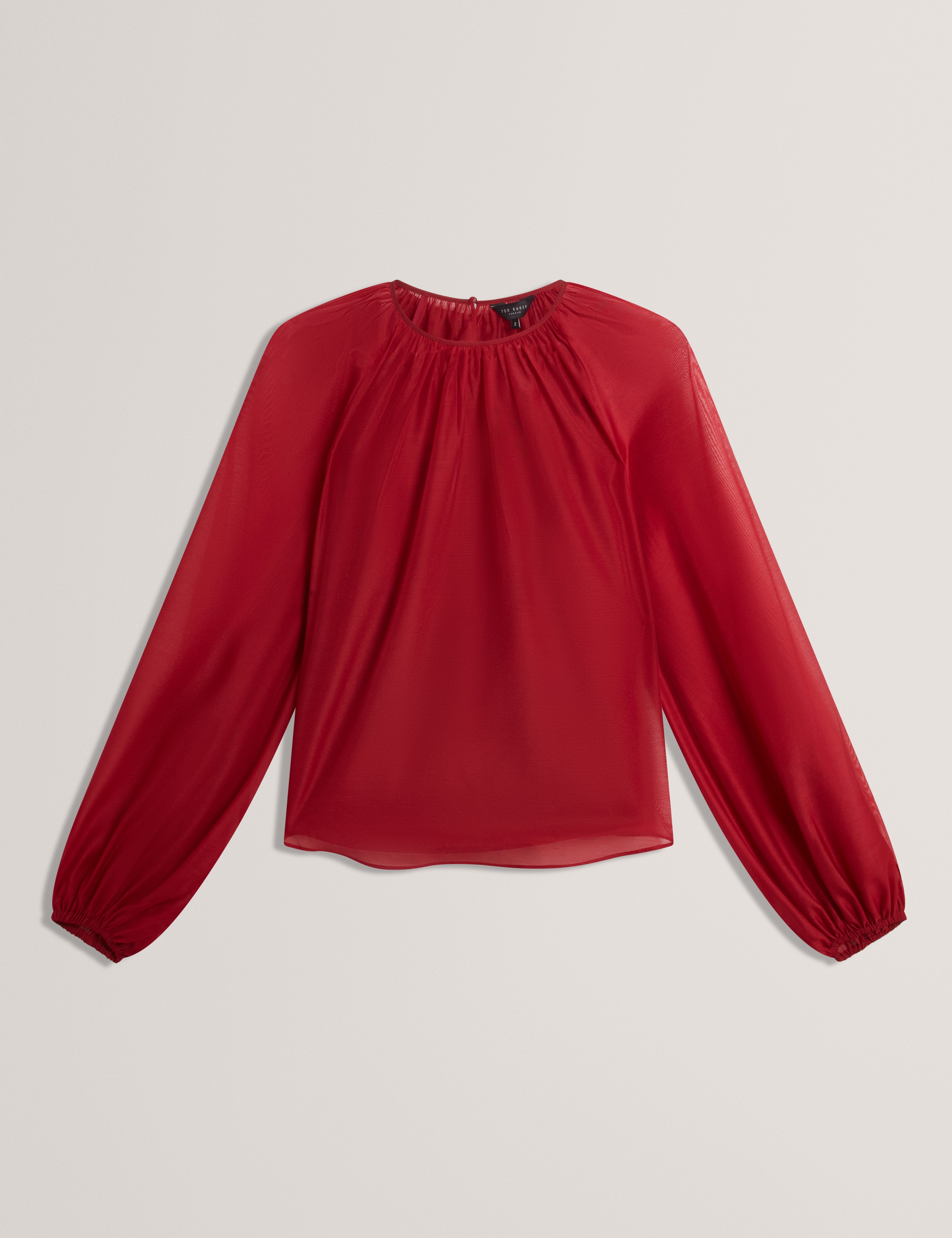 Eelana Puff Sleeve Blouse With Organza Overlay Dk-Red